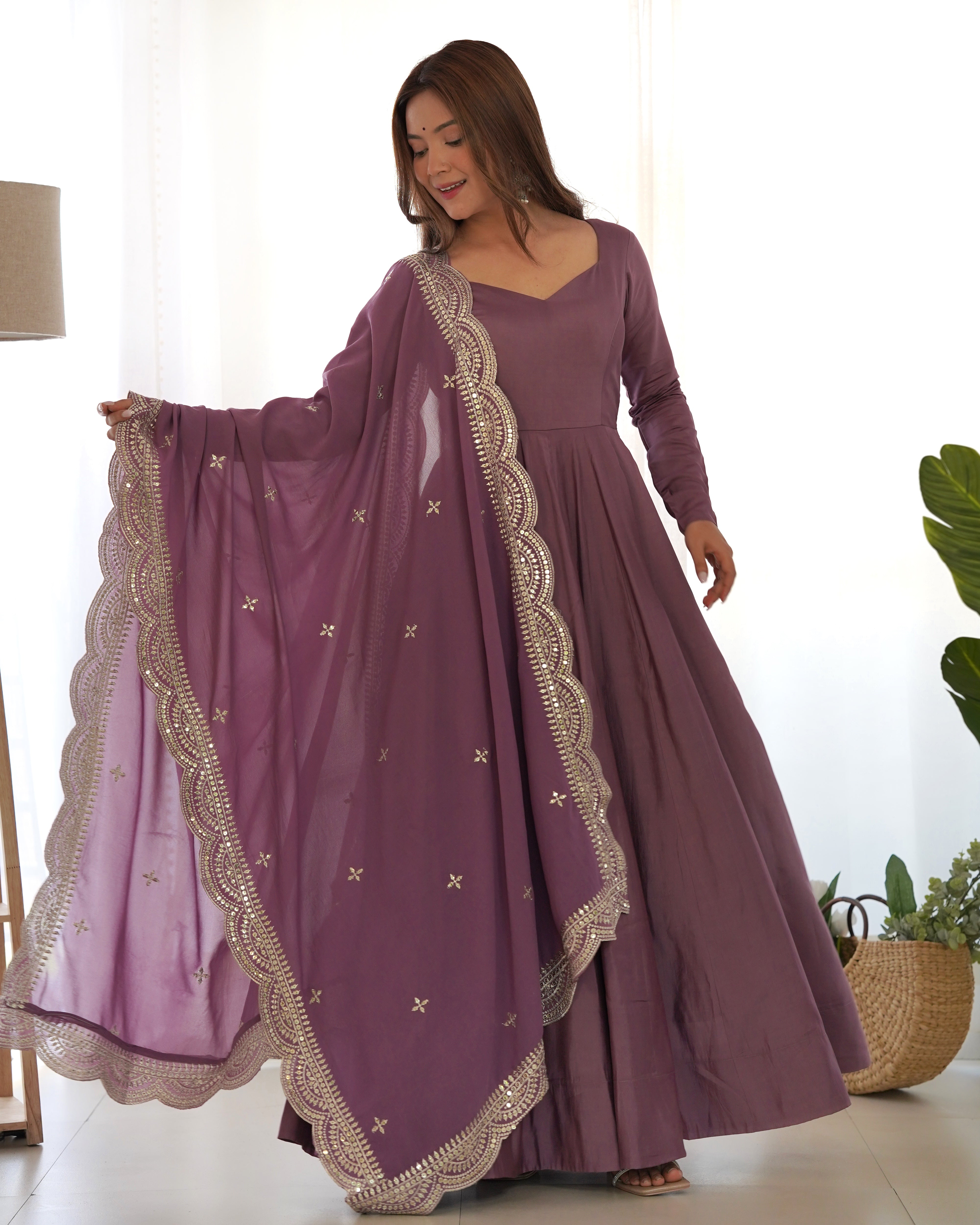 Roman Silk Chanderi Flared Anarkali Suit Set with Dupatta and Pant
