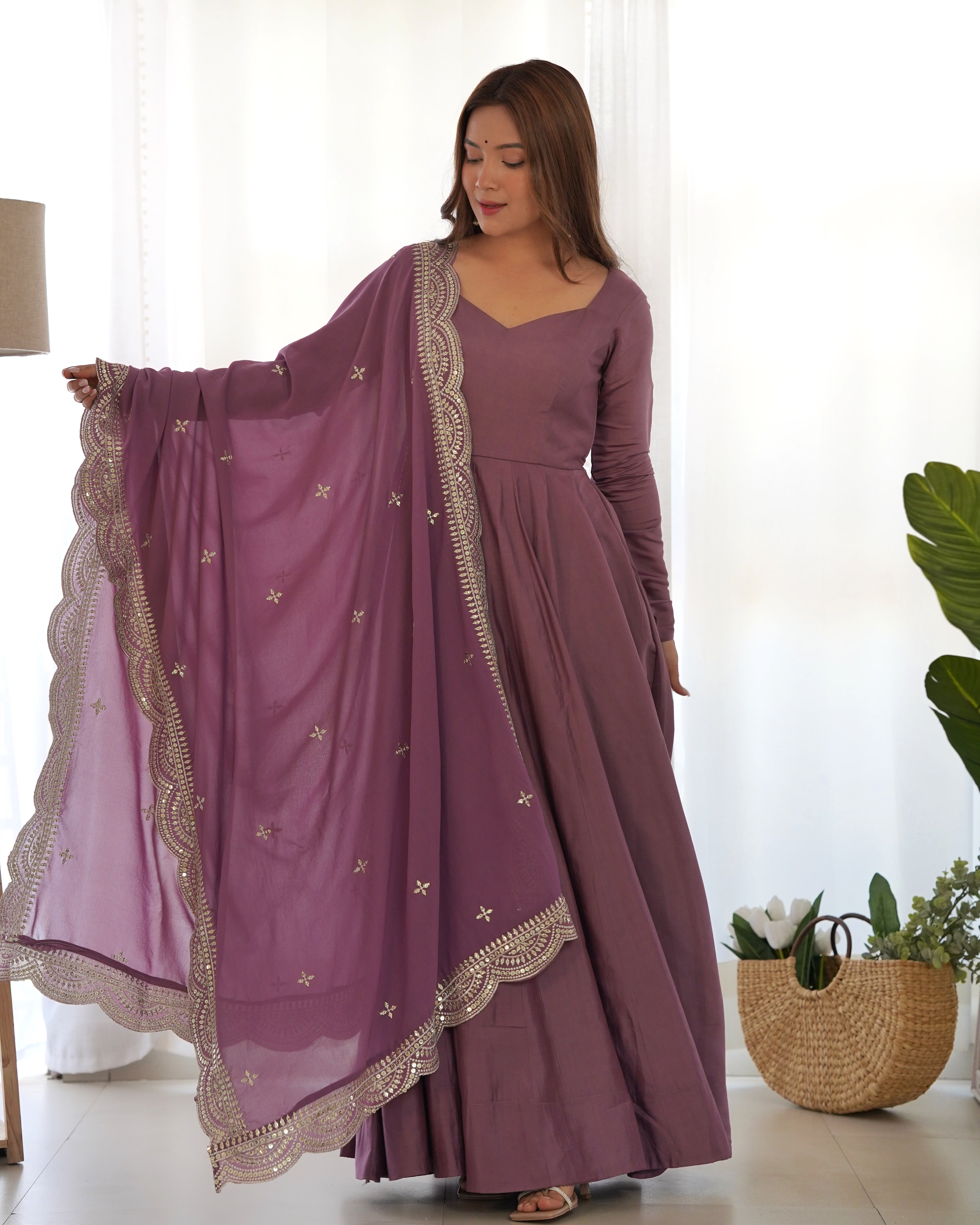 Roman Silk Chanderi Flared Anarkali Suit Set with Dupatta and Pant
