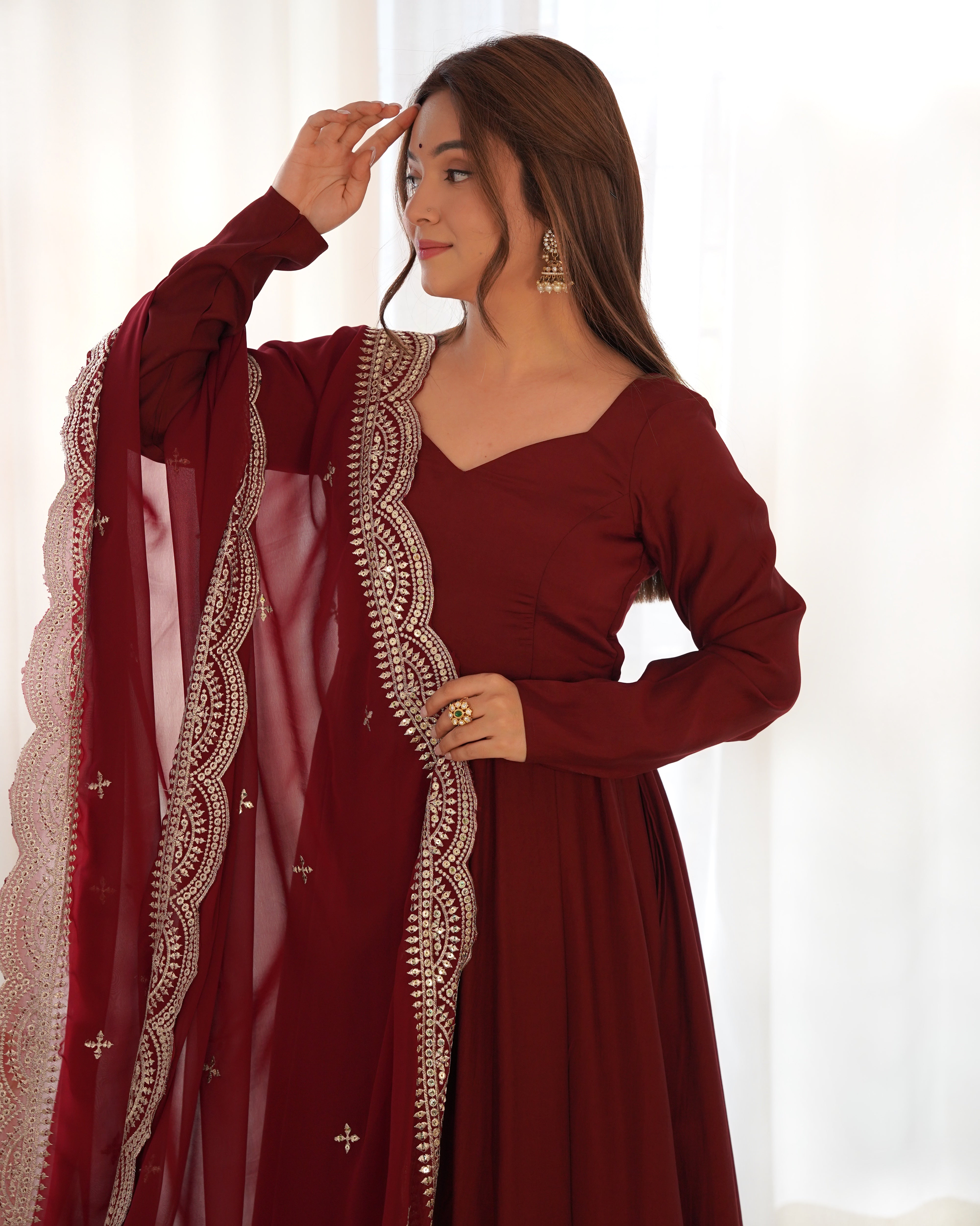 Roman Silk Chanderi Flared Anarkali Suit Set with Dupatta and Pant