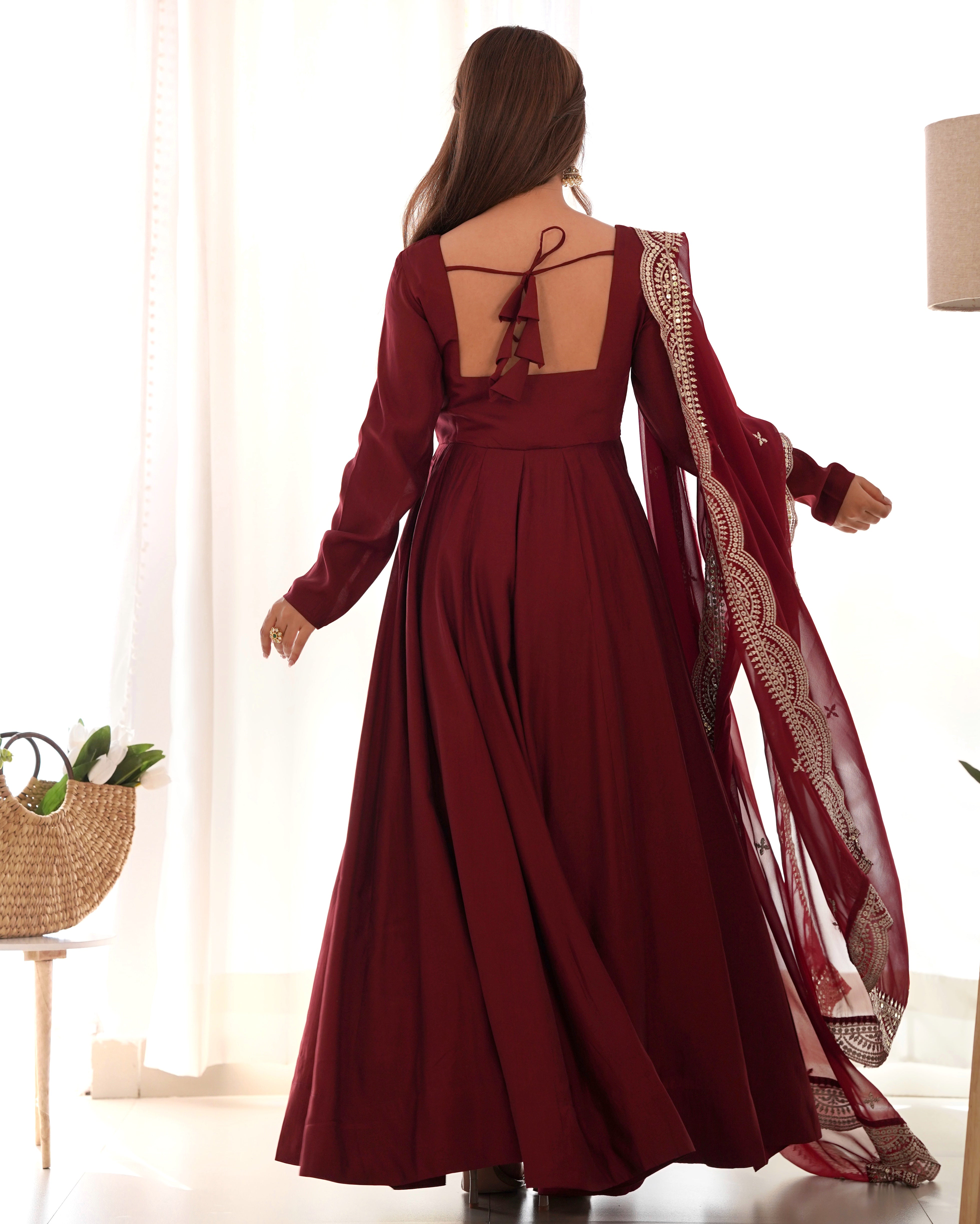 Roman Silk Chanderi Flared Anarkali Suit Set with Dupatta and Pant