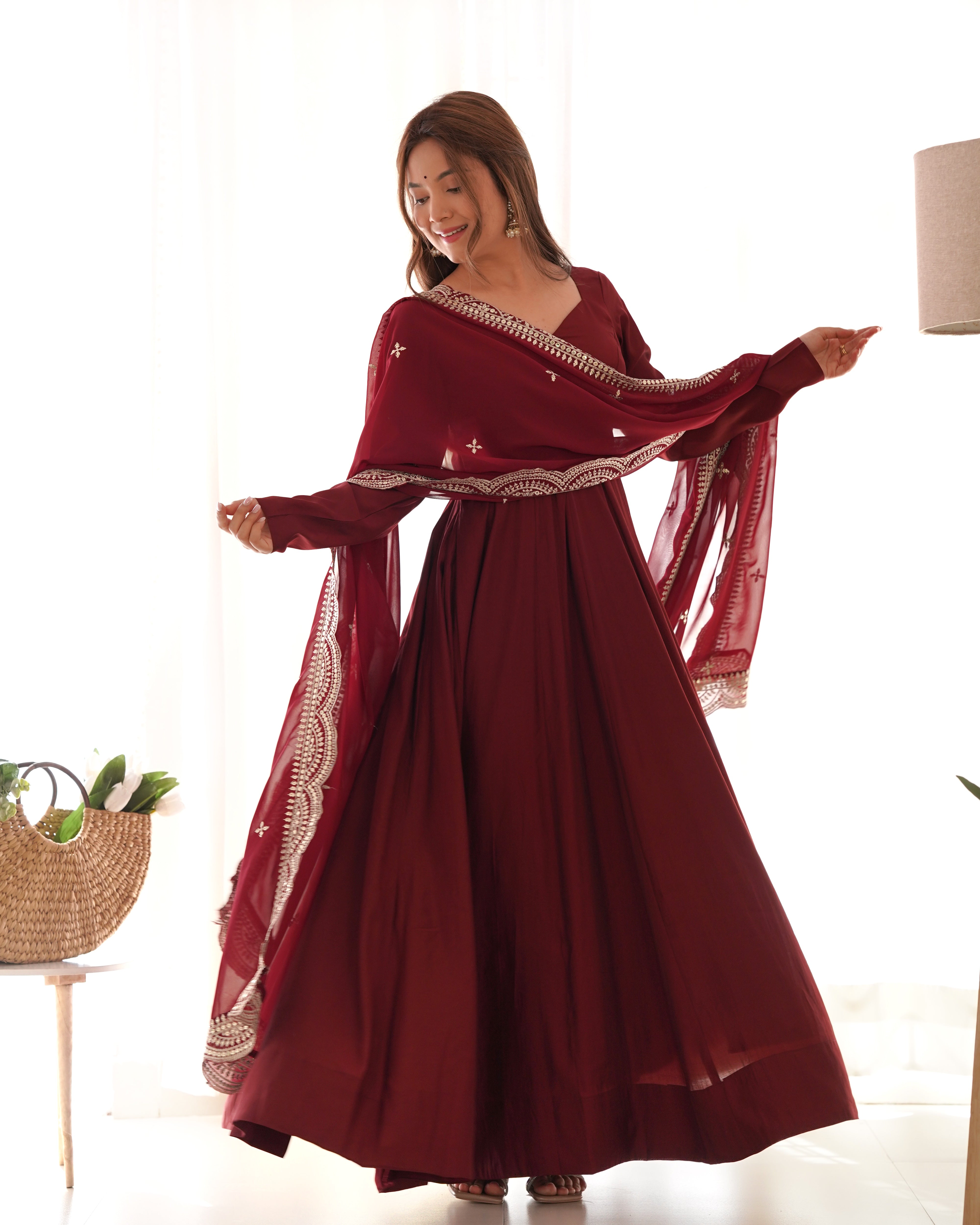Roman Silk Chanderi Flared Anarkali Suit Set with Dupatta and Pant