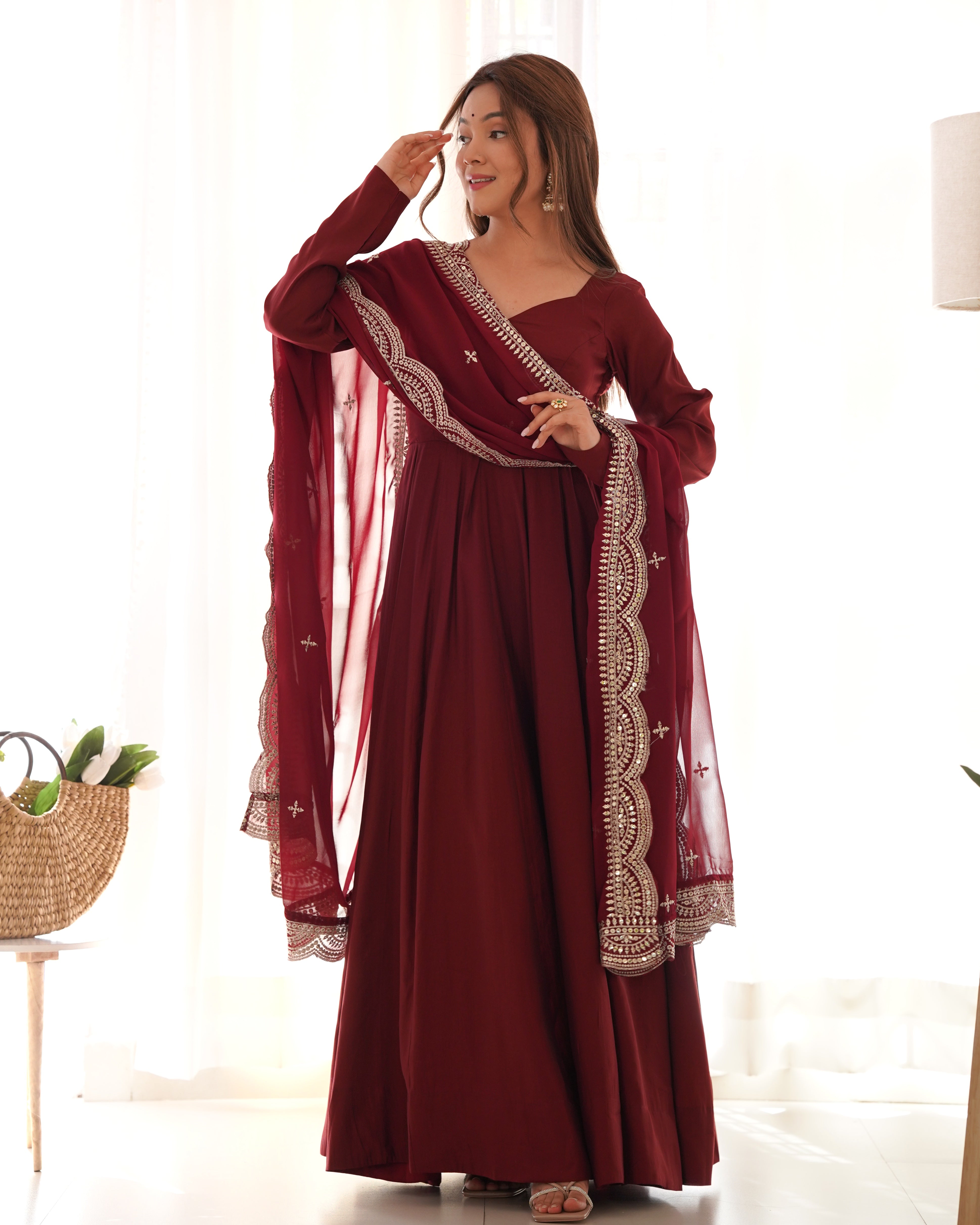 Roman Silk Chanderi Flared Anarkali Suit Set with Dupatta and Pant