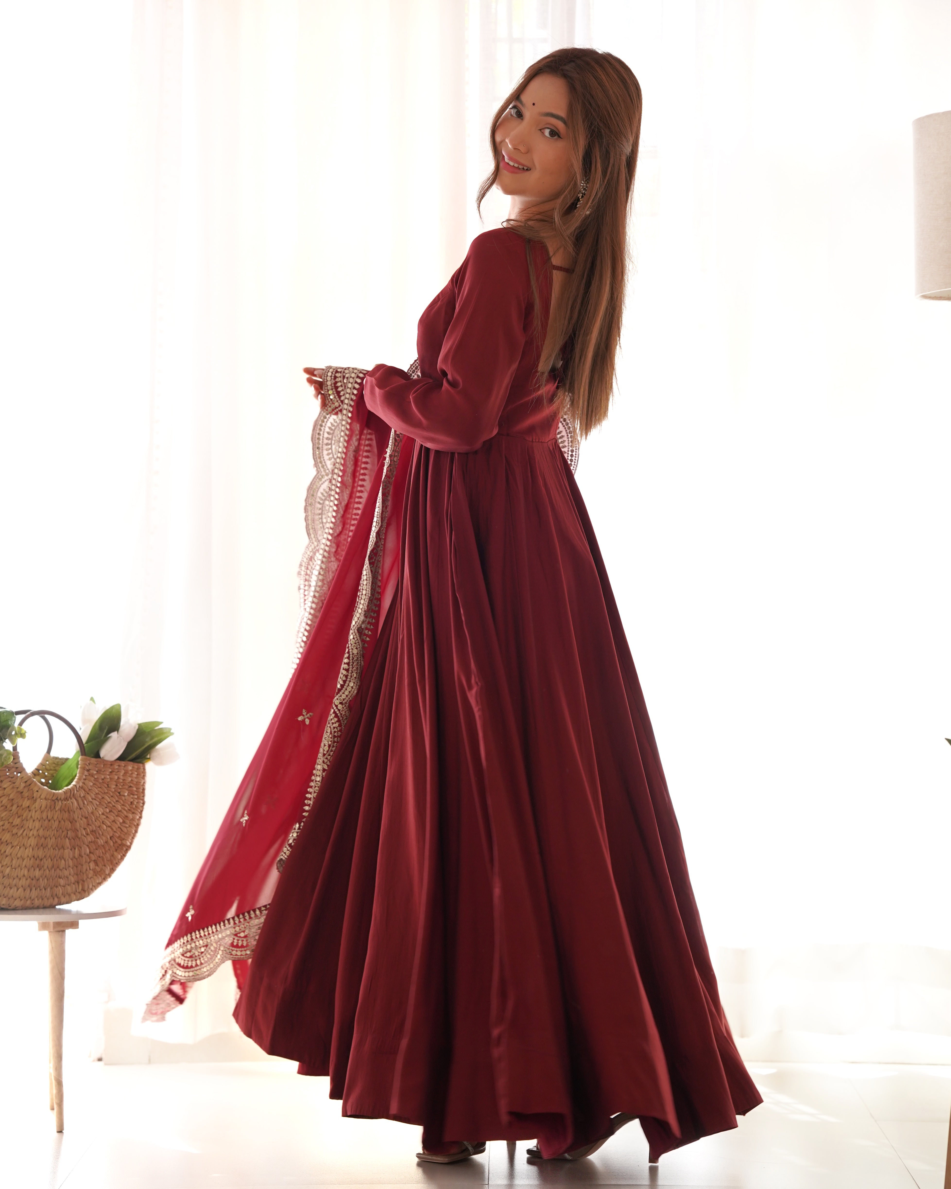 Roman Silk Chanderi Flared Anarkali Suit Set with Dupatta and Pant
