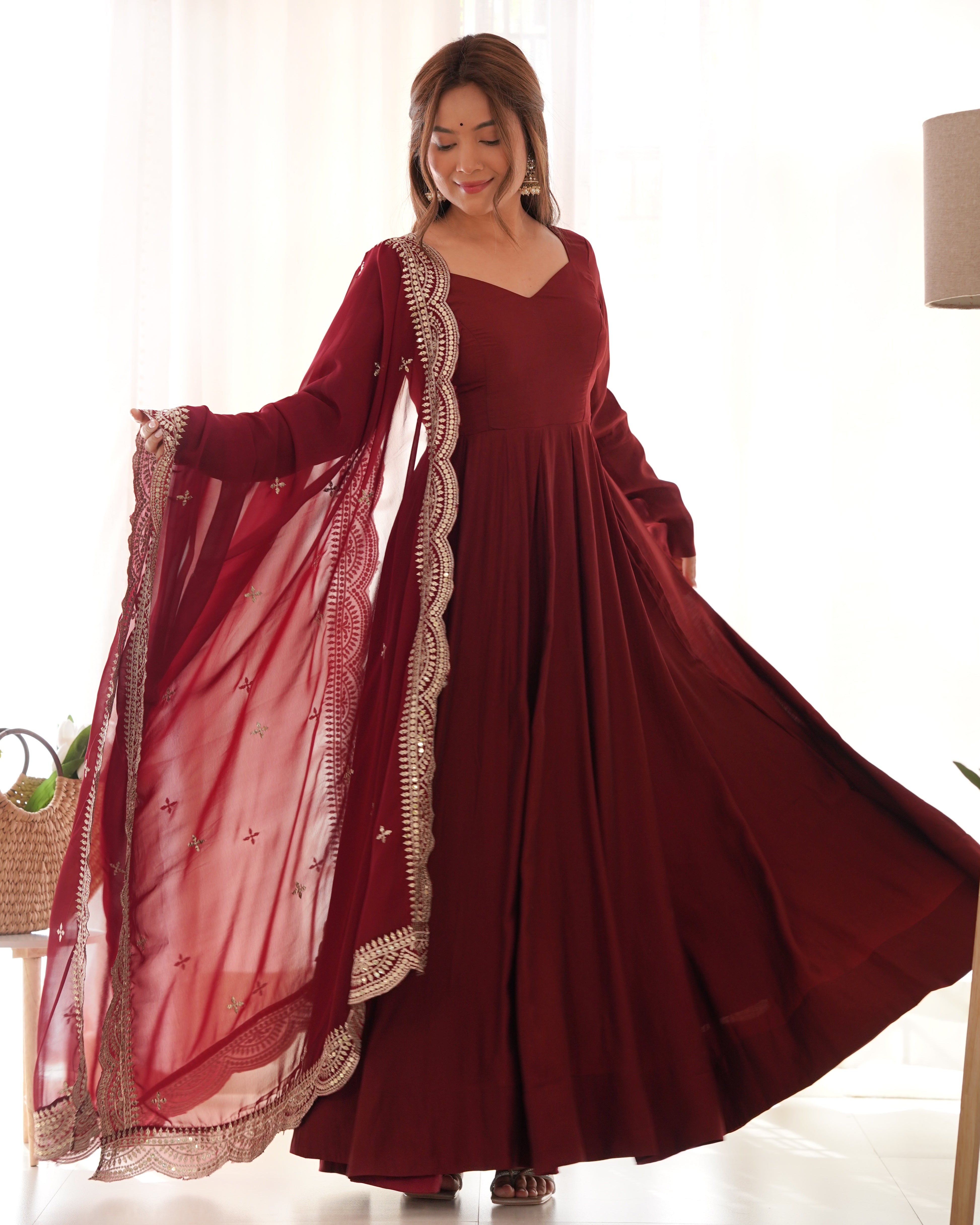 Roman Silk Chanderi Flared Anarkali Suit Set with Dupatta and Pant