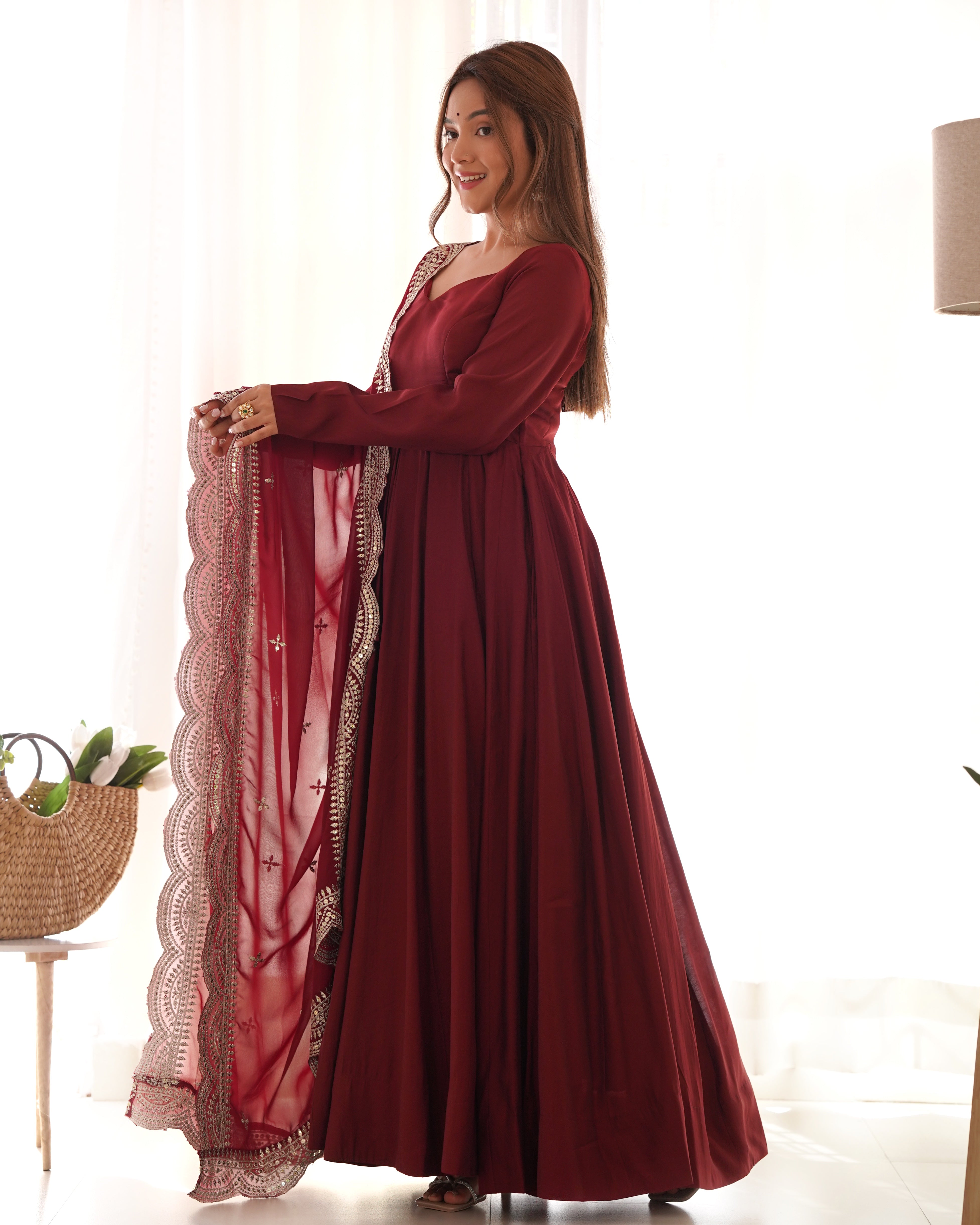 Roman Silk Chanderi Flared Anarkali Suit Set with Dupatta and Pant