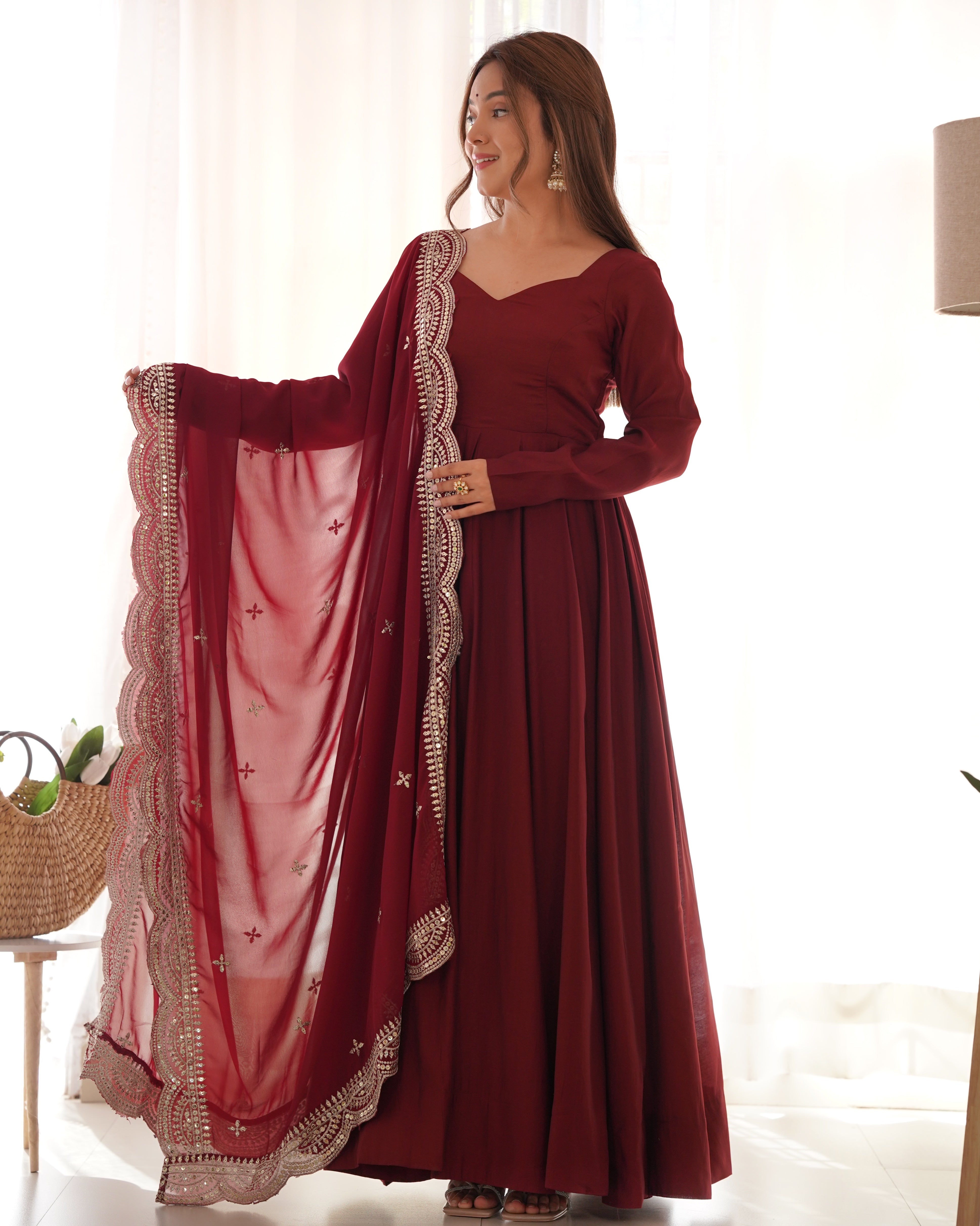 Roman Silk Chanderi Flared Anarkali Suit Set with Dupatta and Pant