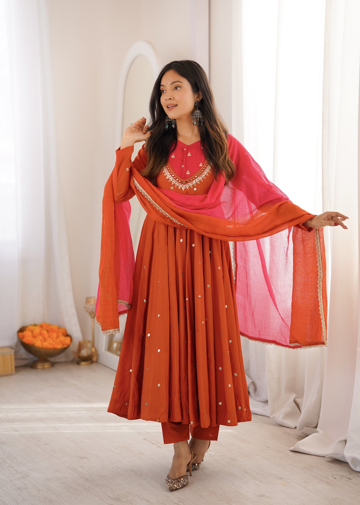 Roman Silk Embroidered Anarkali Gown with Real Mirror Work Three Piece Set