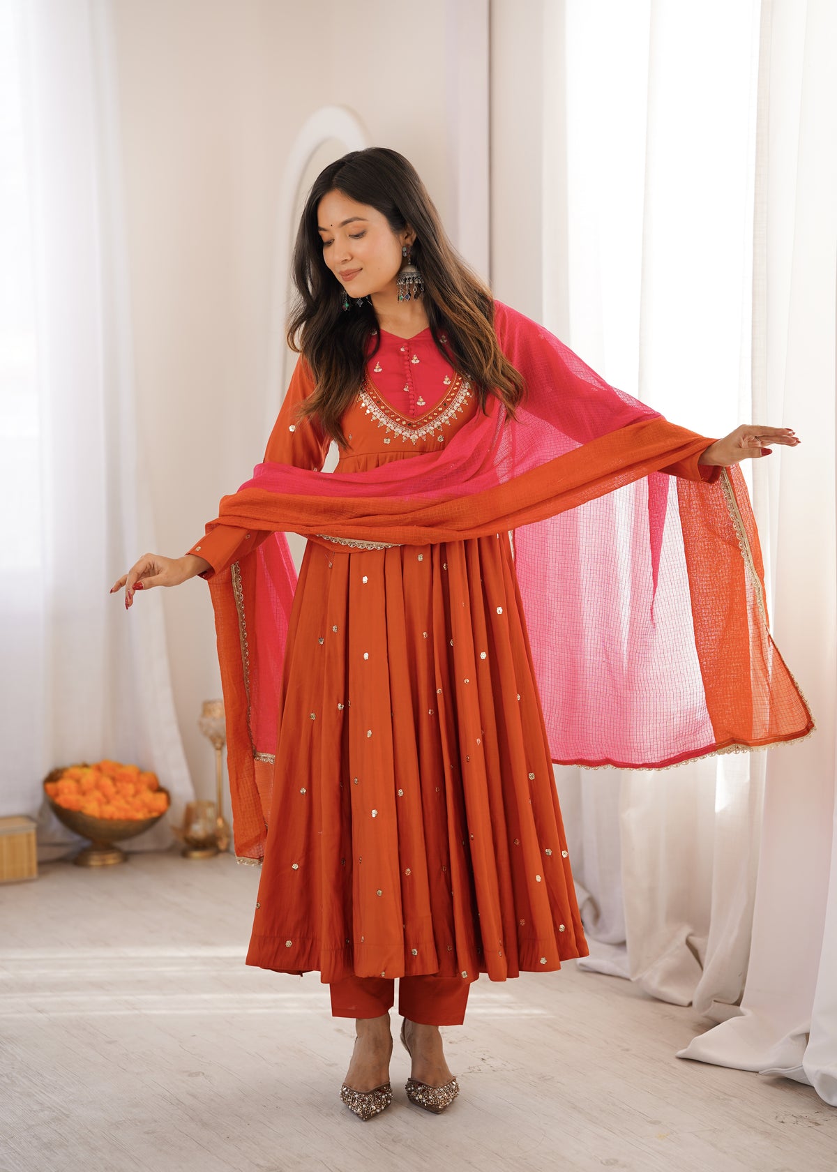 Roman Silk Embroidered Anarkali Gown with Real Mirror Work Three Piece Set