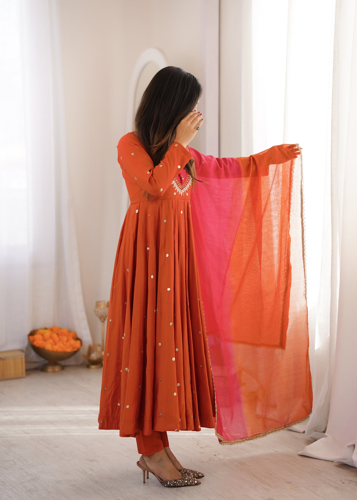 Roman Silk Embroidered Anarkali Gown with Real Mirror Work Three Piece Set
