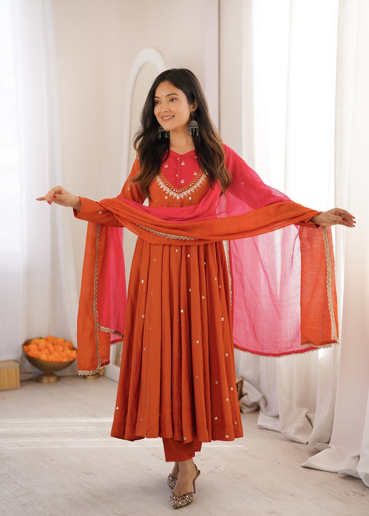 Roman Silk Embroidered Anarkali Gown with Real Mirror Work Three Piece Set