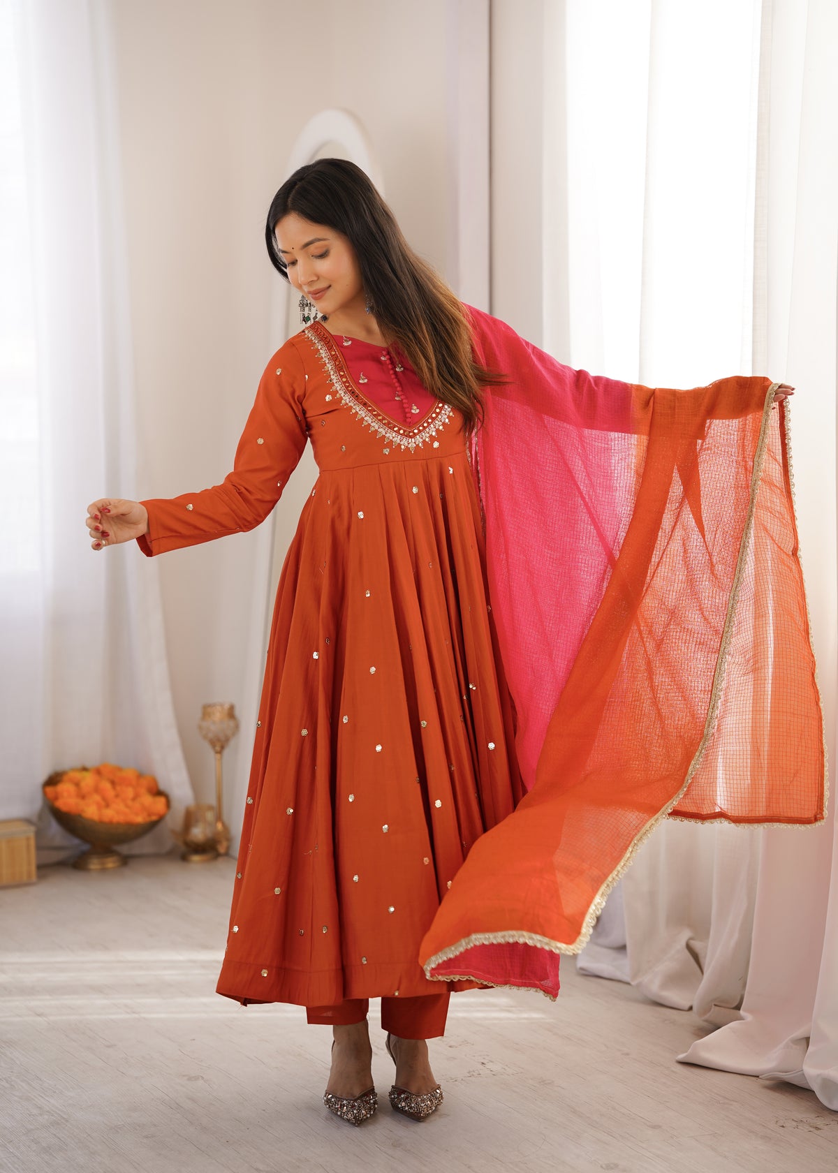 Roman Silk Embroidered Anarkali Gown with Real Mirror Work Three Piece Set