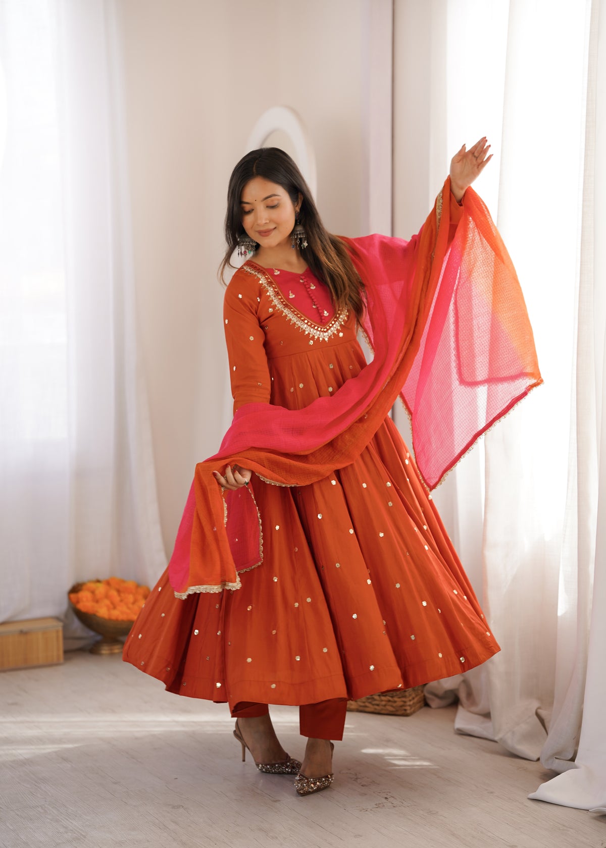 Roman Silk Embroidered Anarkali Gown with Real Mirror Work Three Piece Set