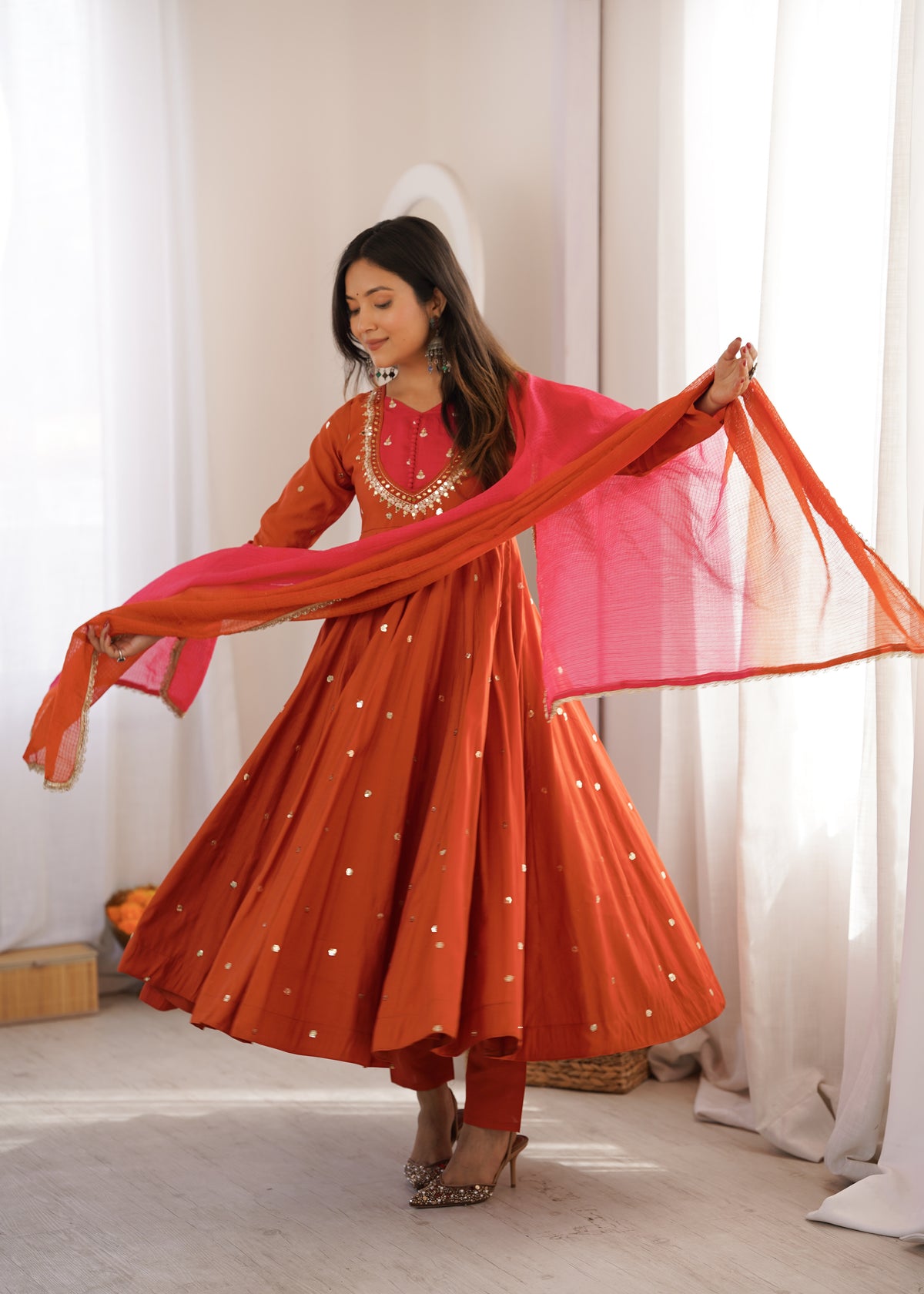 Roman Silk Embroidered Anarkali Gown with Real Mirror Work Three Piece Set