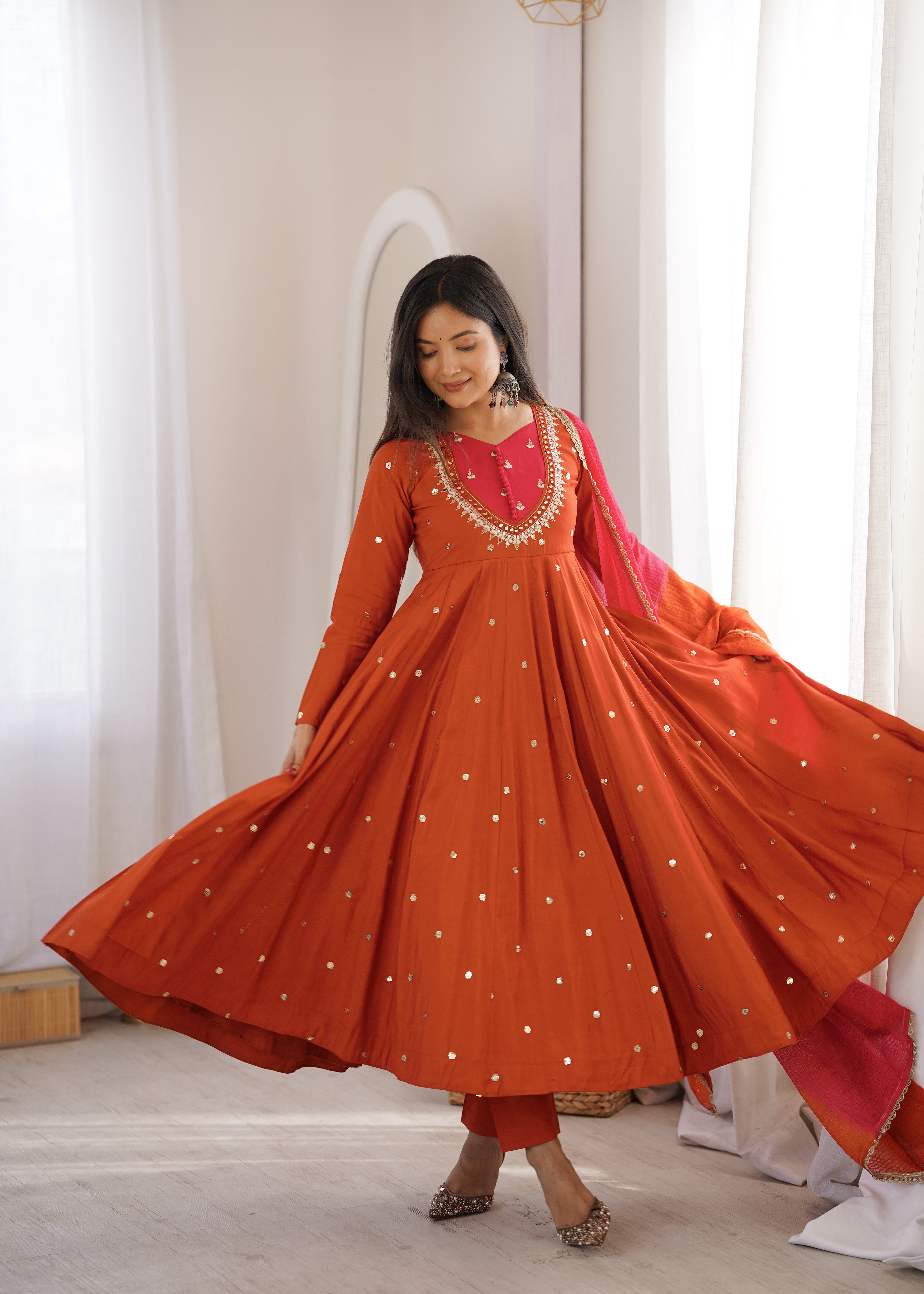 Roman Silk Embroidered Anarkali Gown with Real Mirror Work Three Piece Set