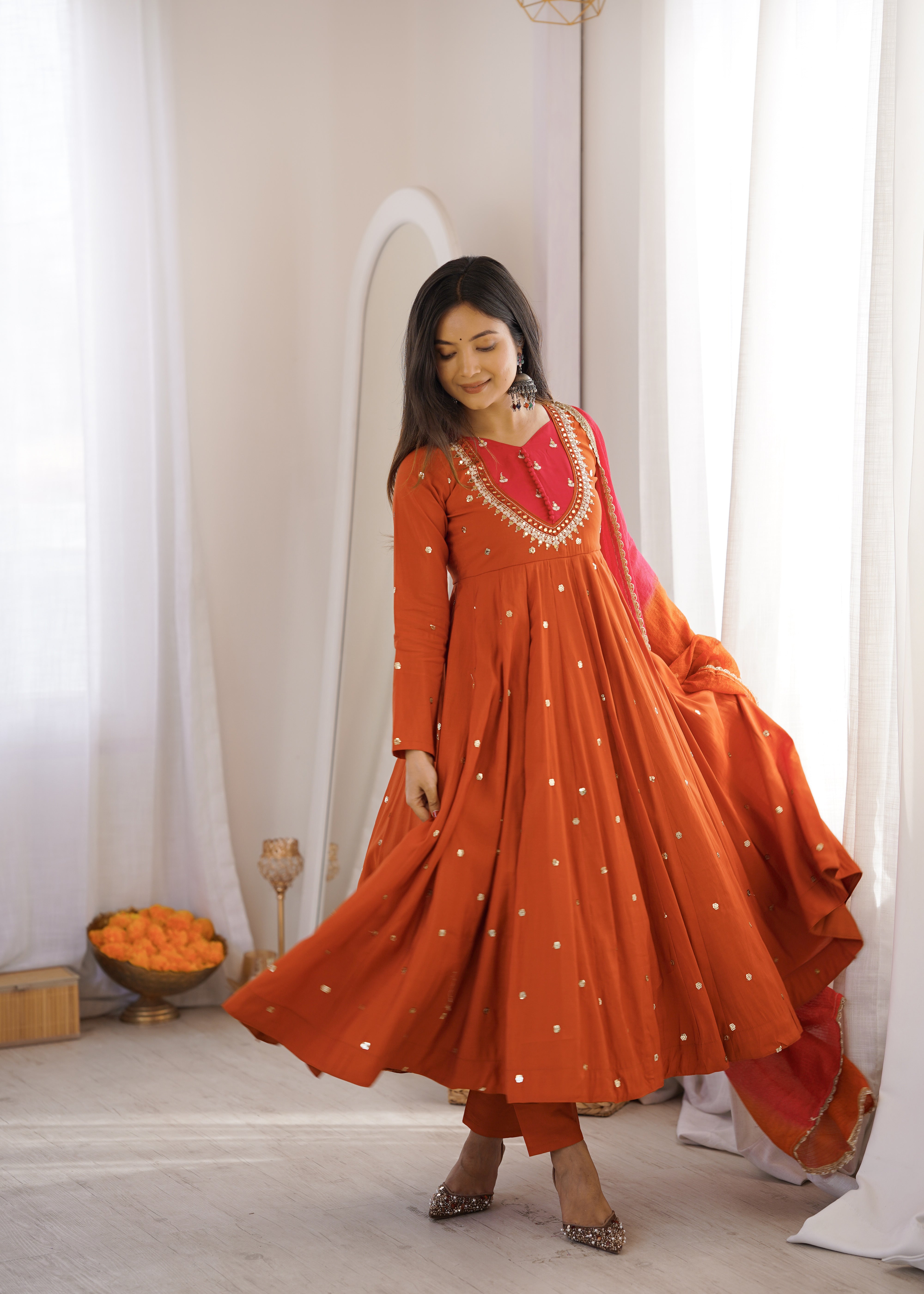 Roman Silk Embroidered Anarkali Gown with Real Mirror Work Three Piece Set