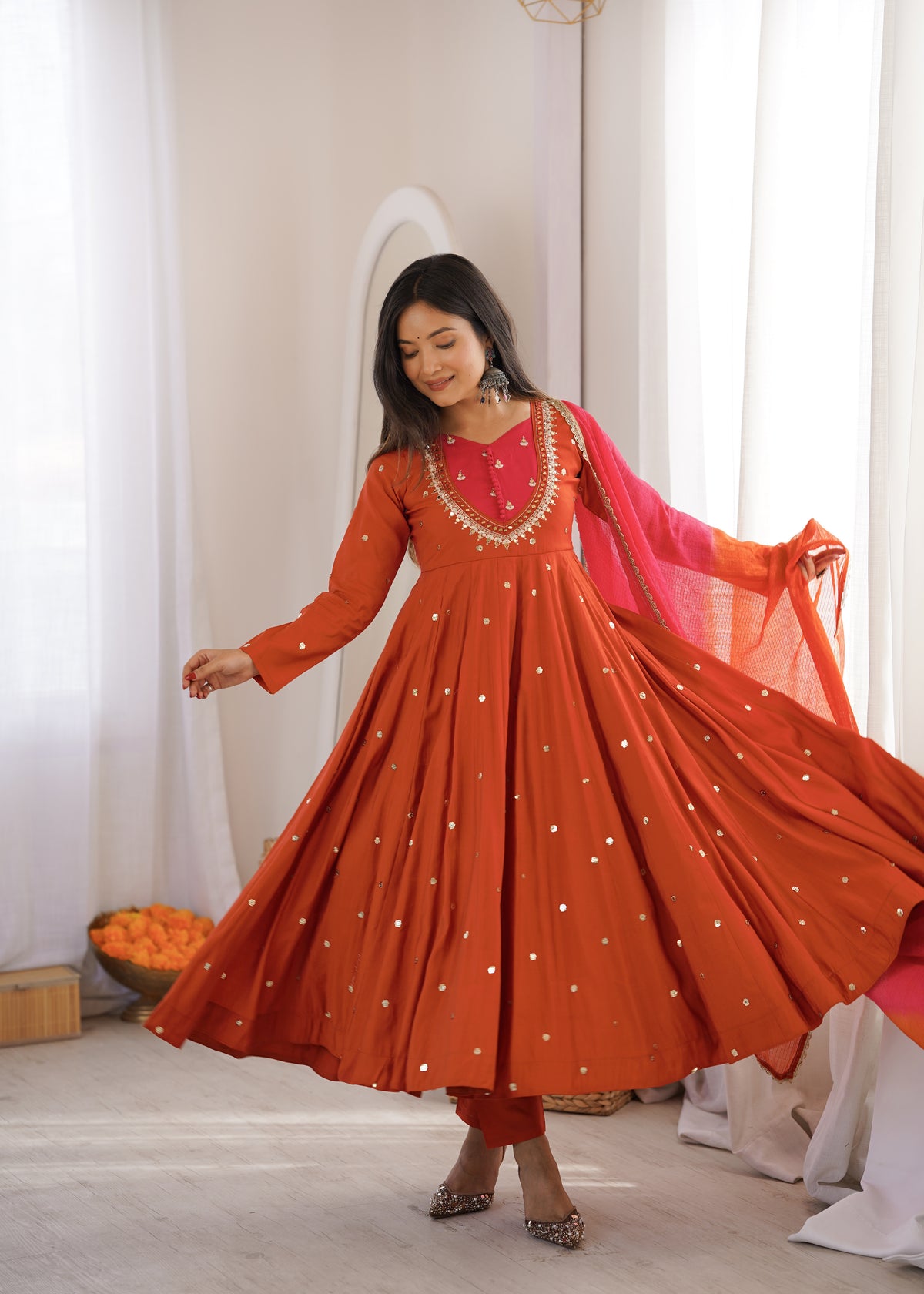 Roman Silk Embroidered Anarkali Gown with Real Mirror Work Three Piece Set