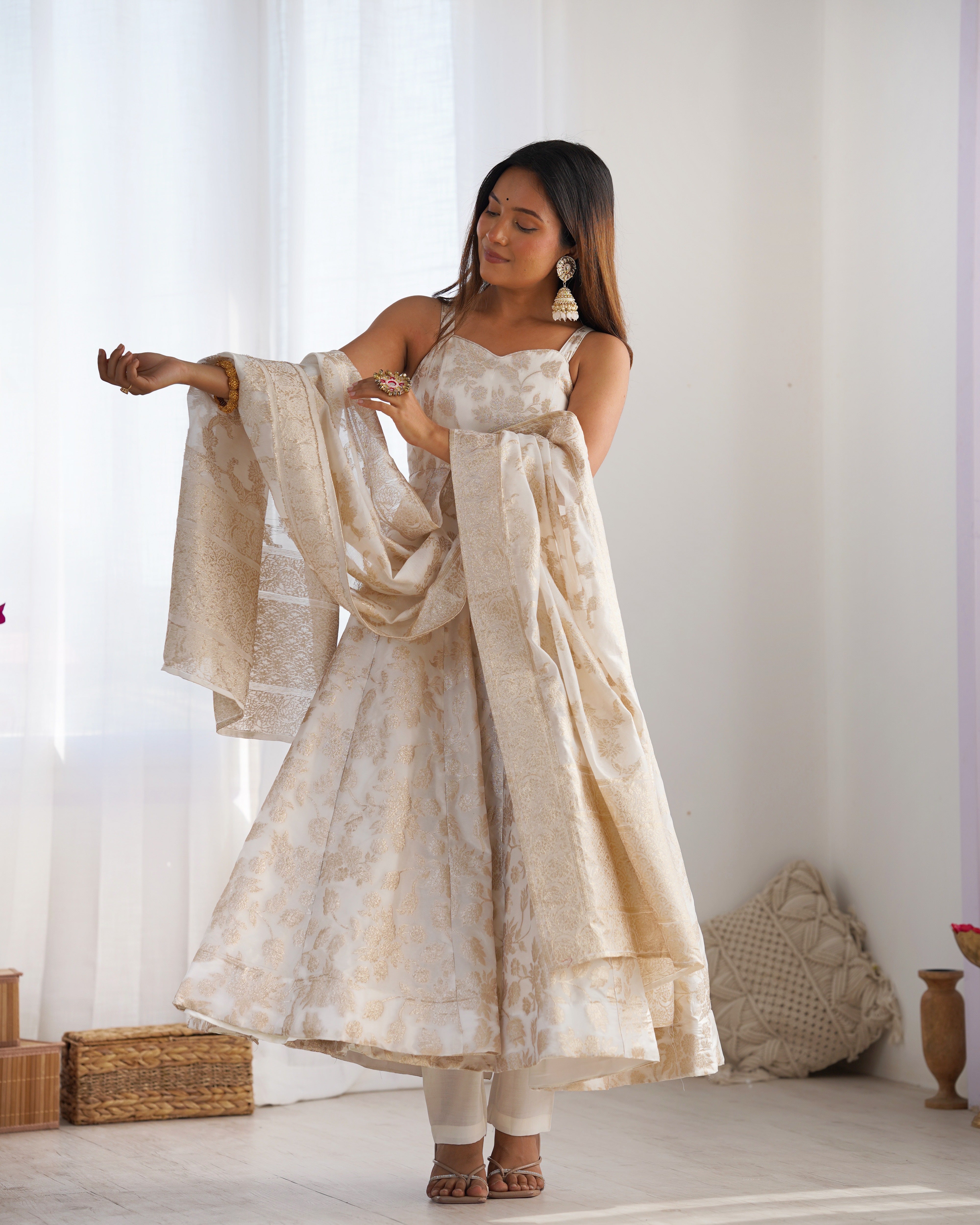 Banarasi Jacquard Dola Silk Flared Anarkali Suit Set with Dupatta and Pant