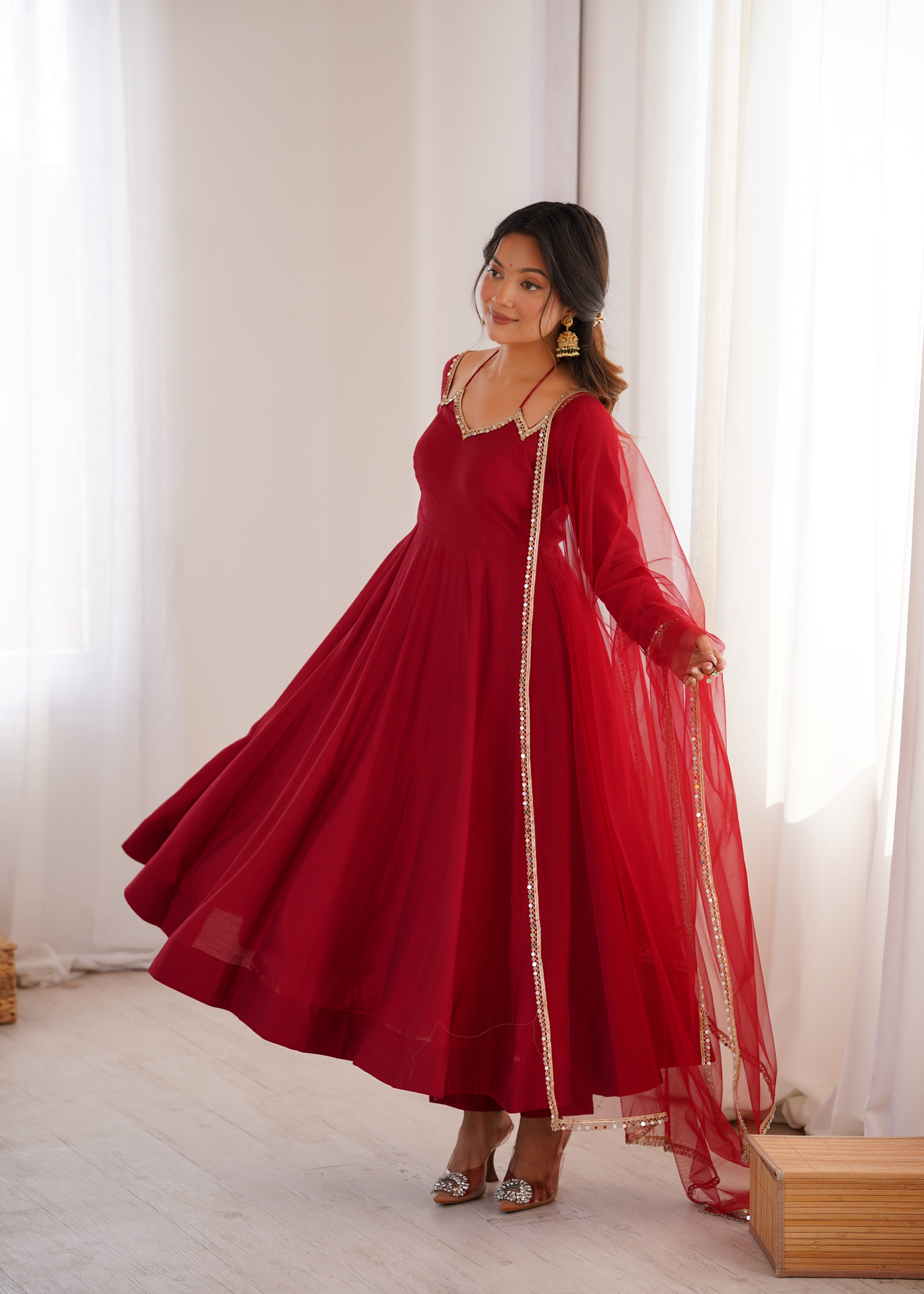 Women's Roman Silk Chanderi Anarkali Pant Dupatta Set with Mirror Lace Dupatta  Product Description: