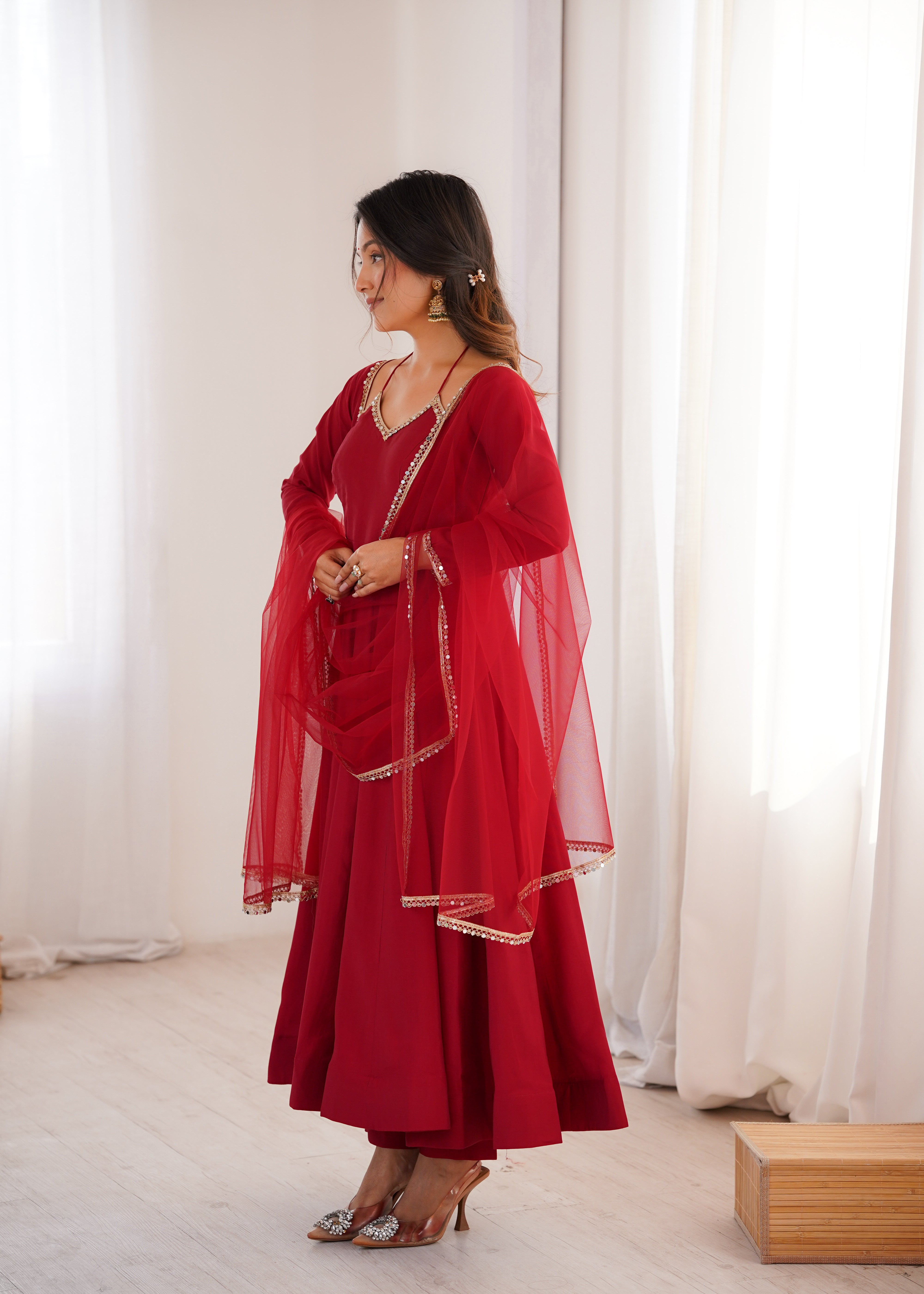 Women's Roman Silk Chanderi Anarkali Pant Dupatta Set with Mirror Lace Dupatta  Product Description: