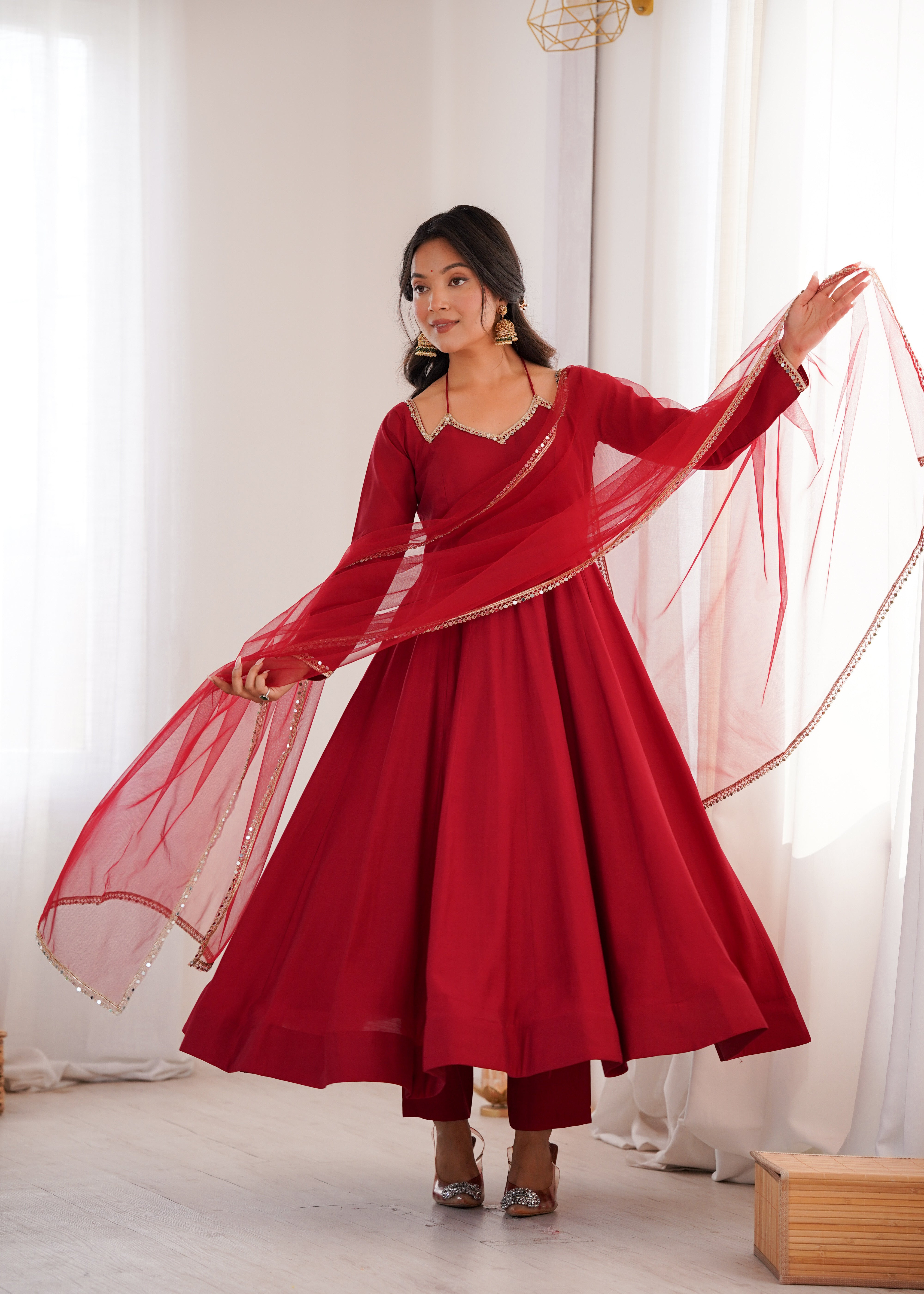 Women's Roman Silk Chanderi Anarkali Pant Dupatta Set with Mirror Lace Dupatta  Product Description:
