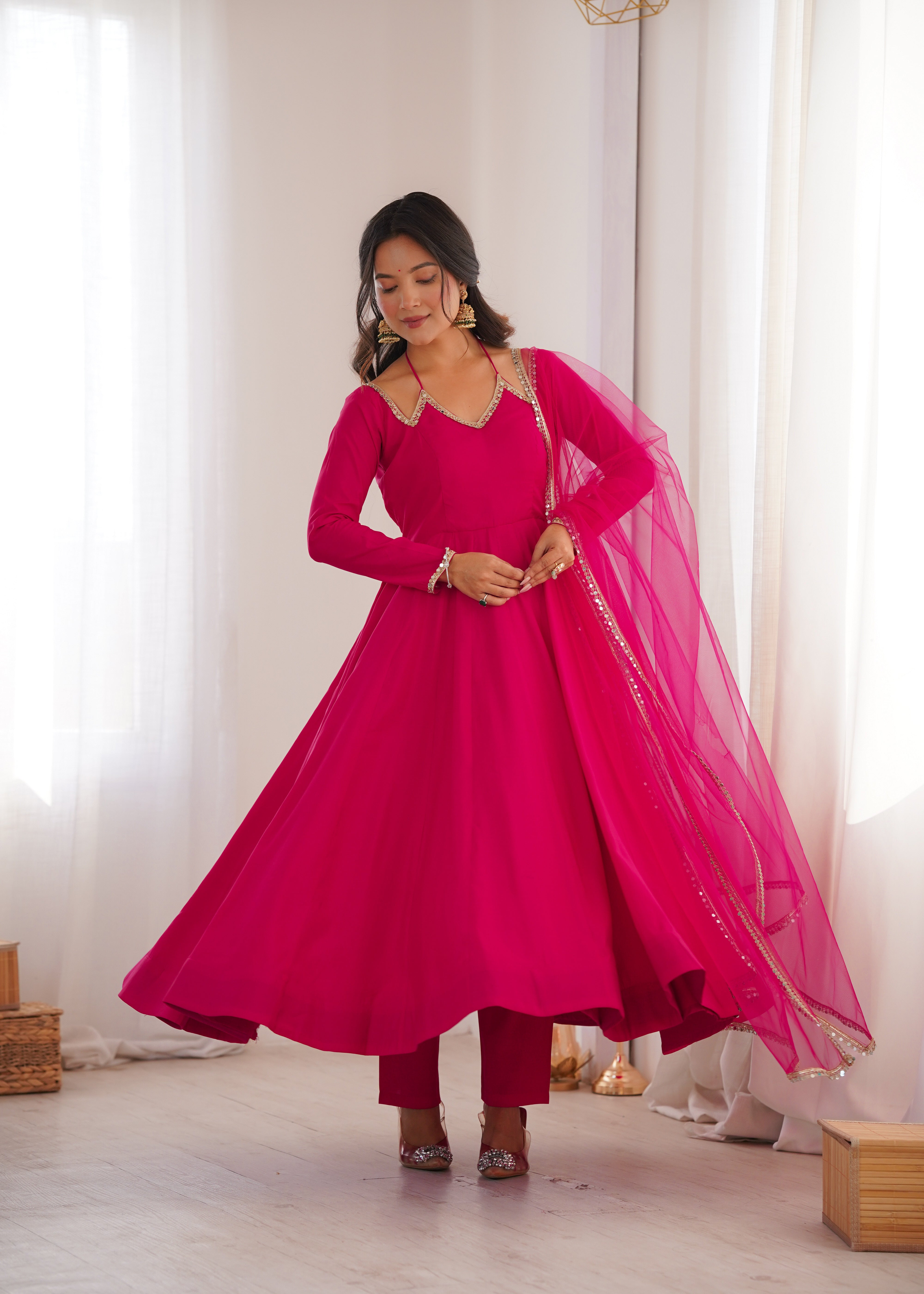 Women's Roman Silk Chanderi Anarkali Pant Dupatta Set with Mirror Lace Dupatta  Product Description: