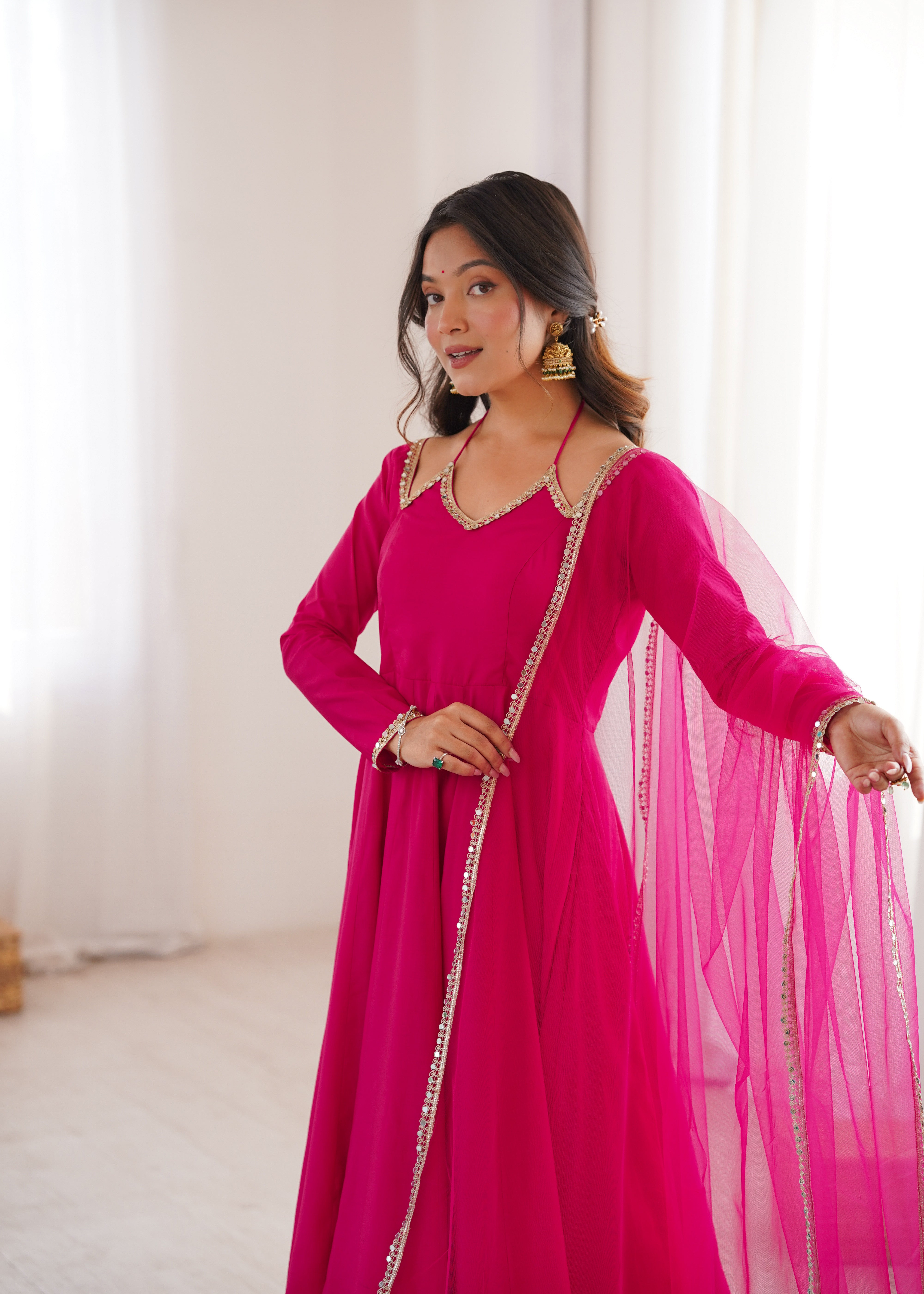 Women's Roman Silk Chanderi Anarkali Pant Dupatta Set with Mirror Lace Dupatta  Product Description: