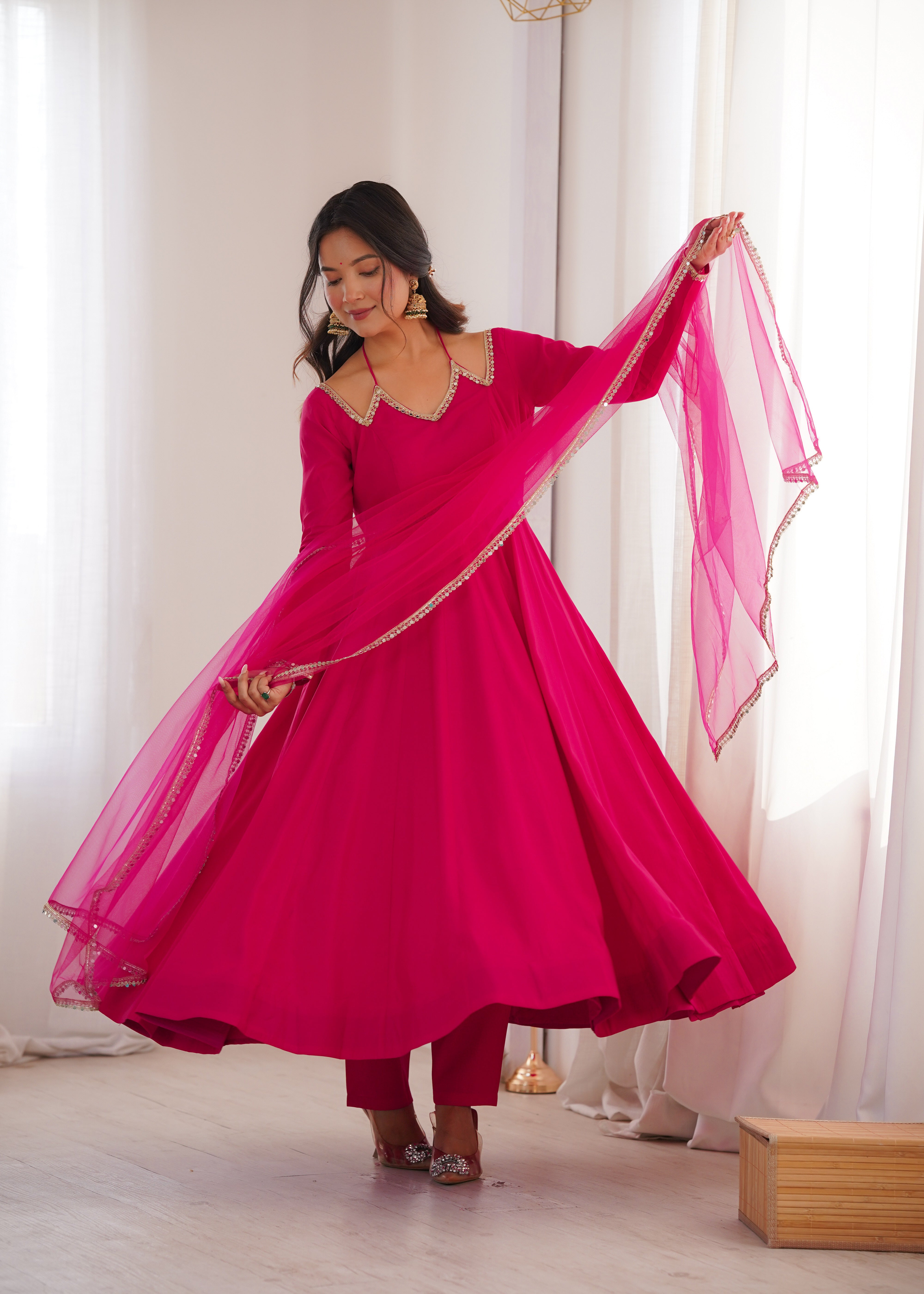 Women's Roman Silk Chanderi Anarkali Pant Dupatta Set with Mirror Lace Dupatta  Product Description: