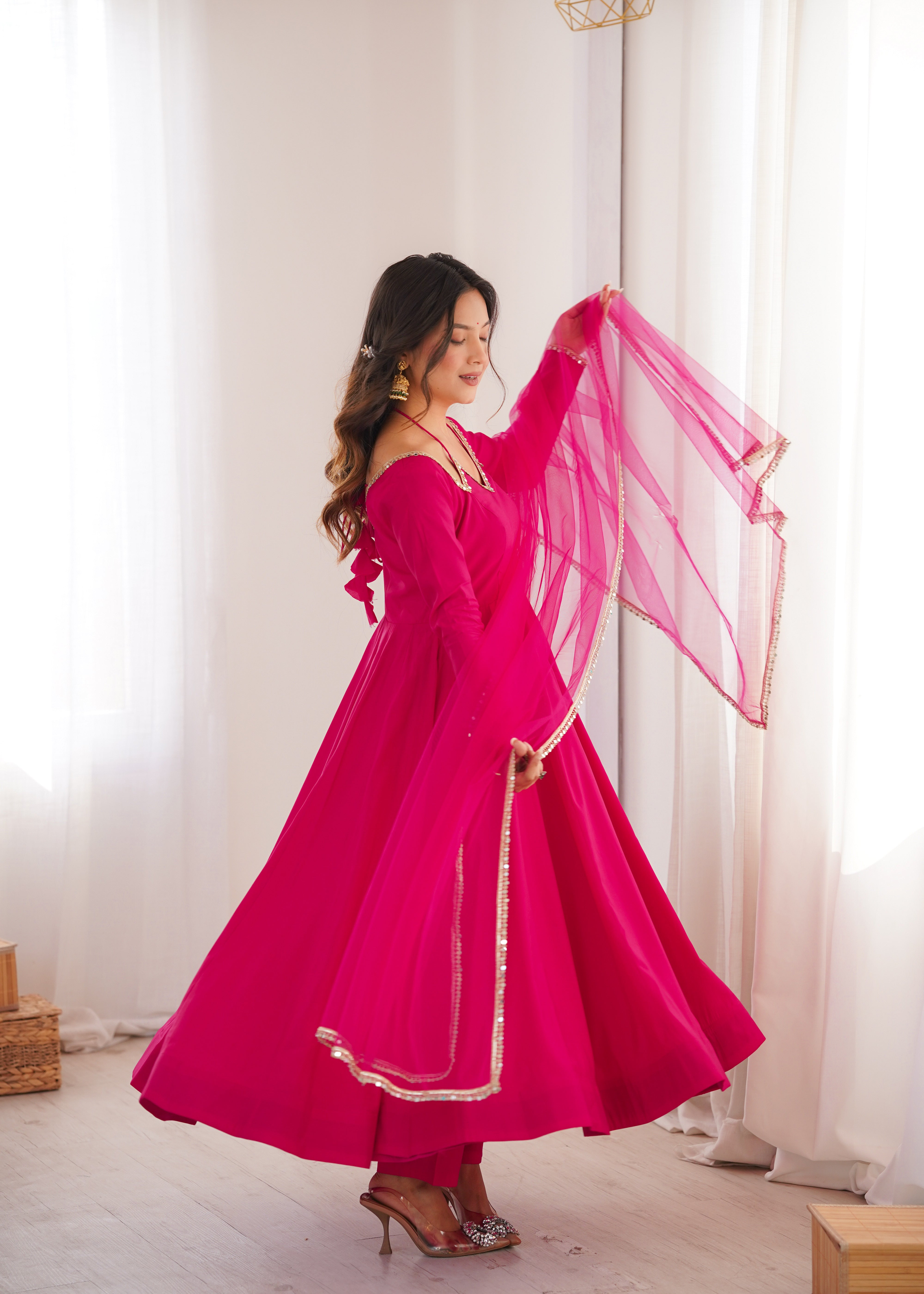 Women's Roman Silk Chanderi Anarkali Pant Dupatta Set with Mirror Lace Dupatta  Product Description: