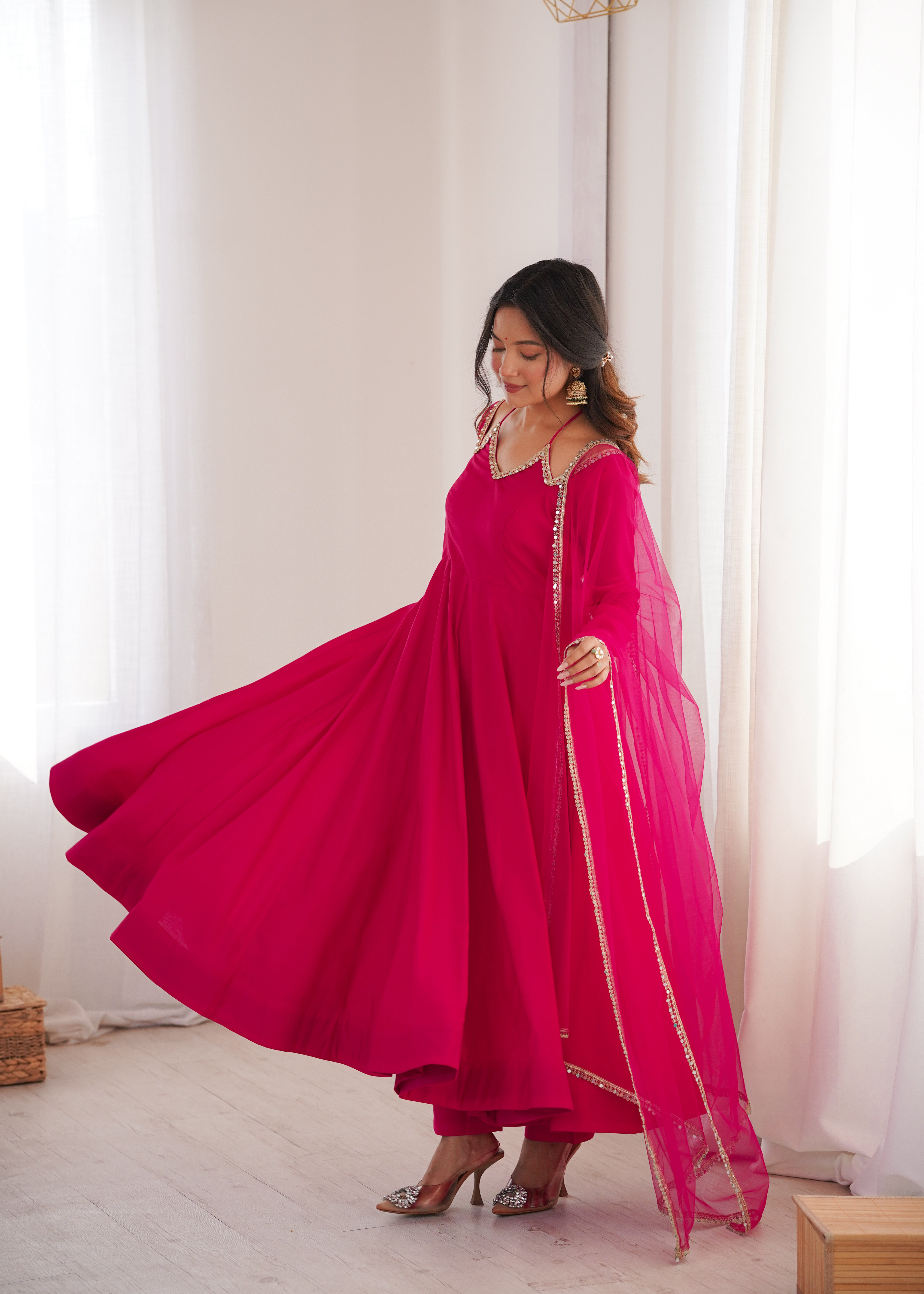 Women's Roman Silk Chanderi Anarkali Pant Dupatta Set with Mirror Lace Dupatta  Product Description: