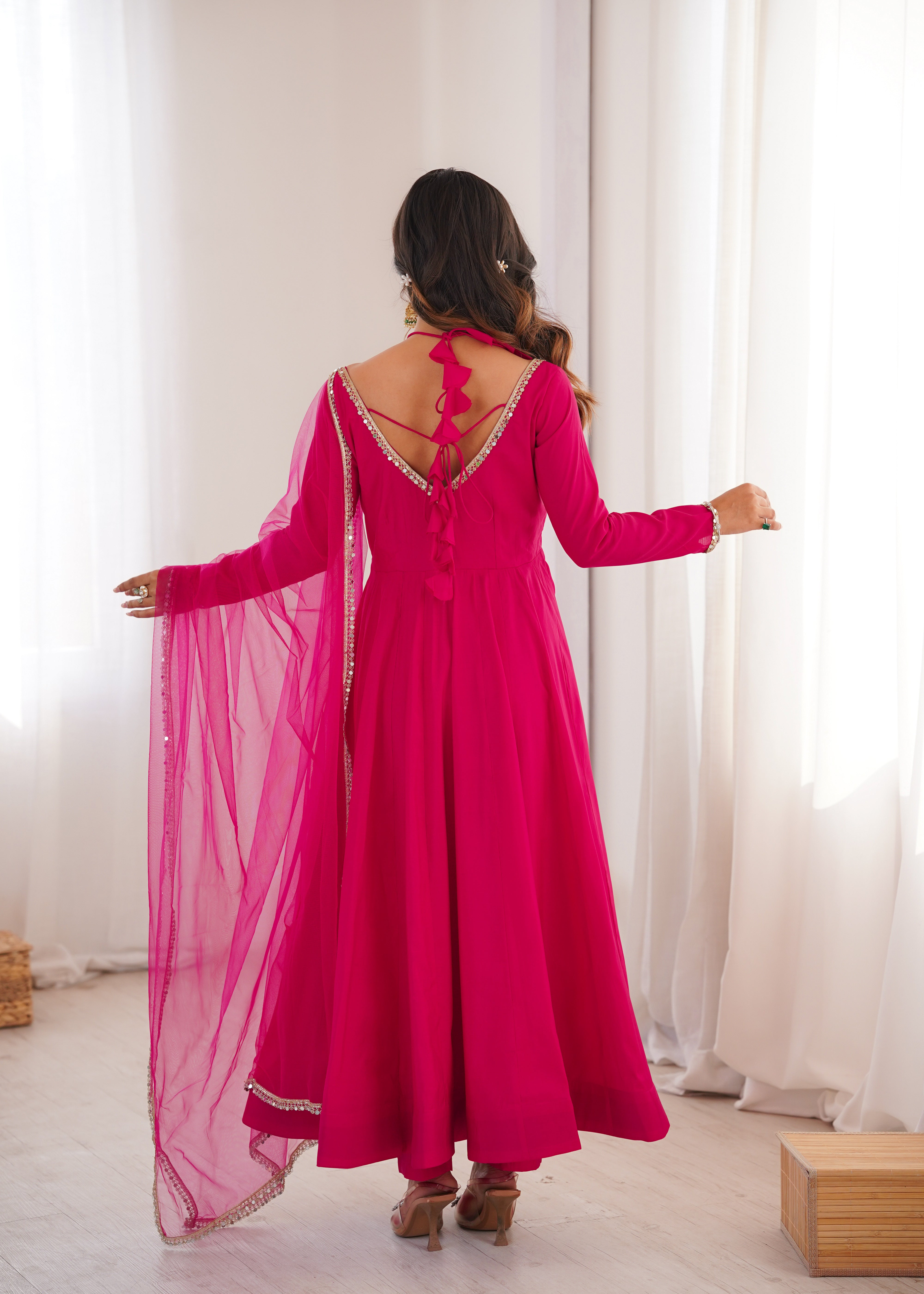 Women's Roman Silk Chanderi Anarkali Pant Dupatta Set with Mirror Lace Dupatta  Product Description: