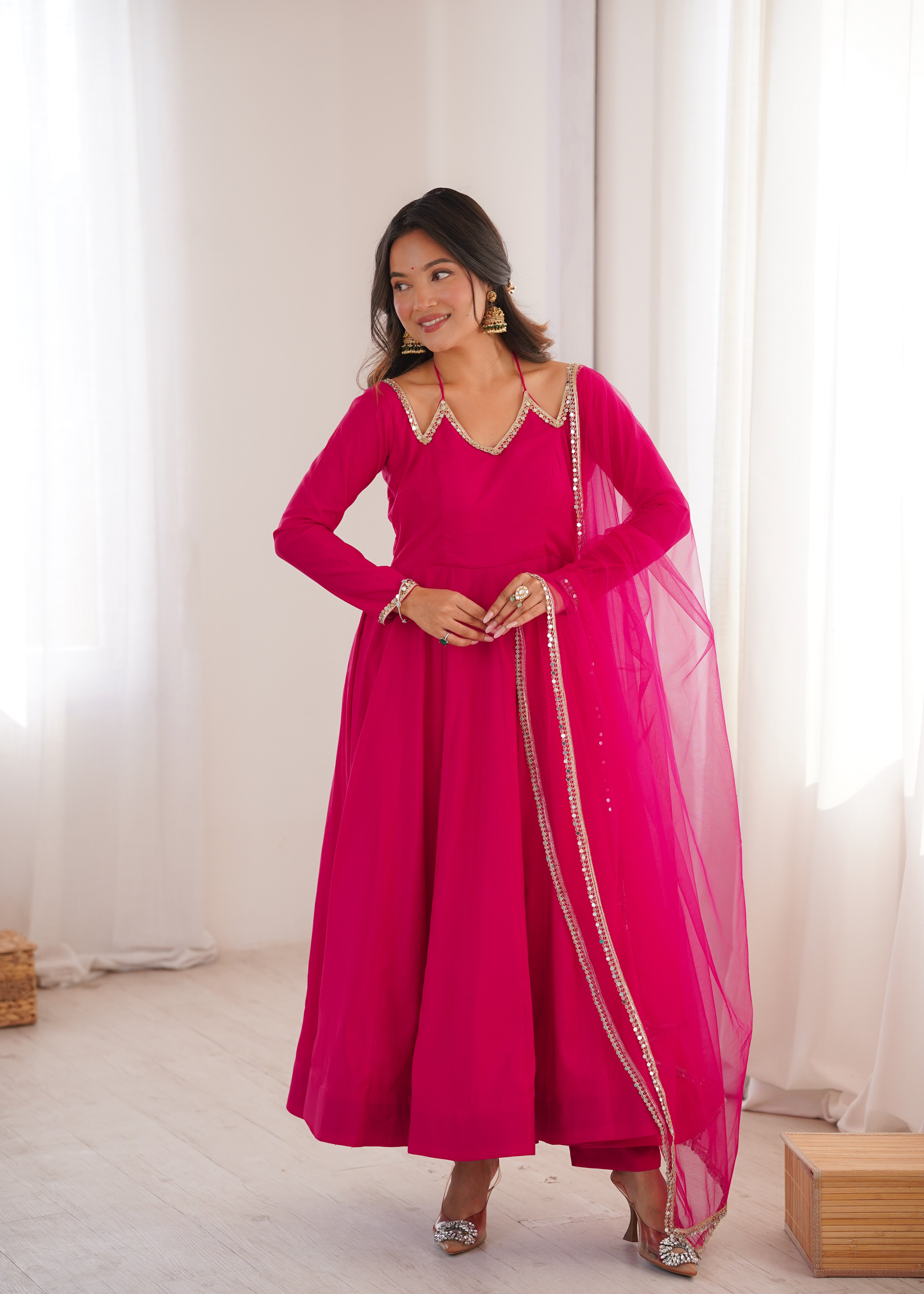 Women's Roman Silk Chanderi Anarkali Pant Dupatta Set with Mirror Lace Dupatta  Product Description: