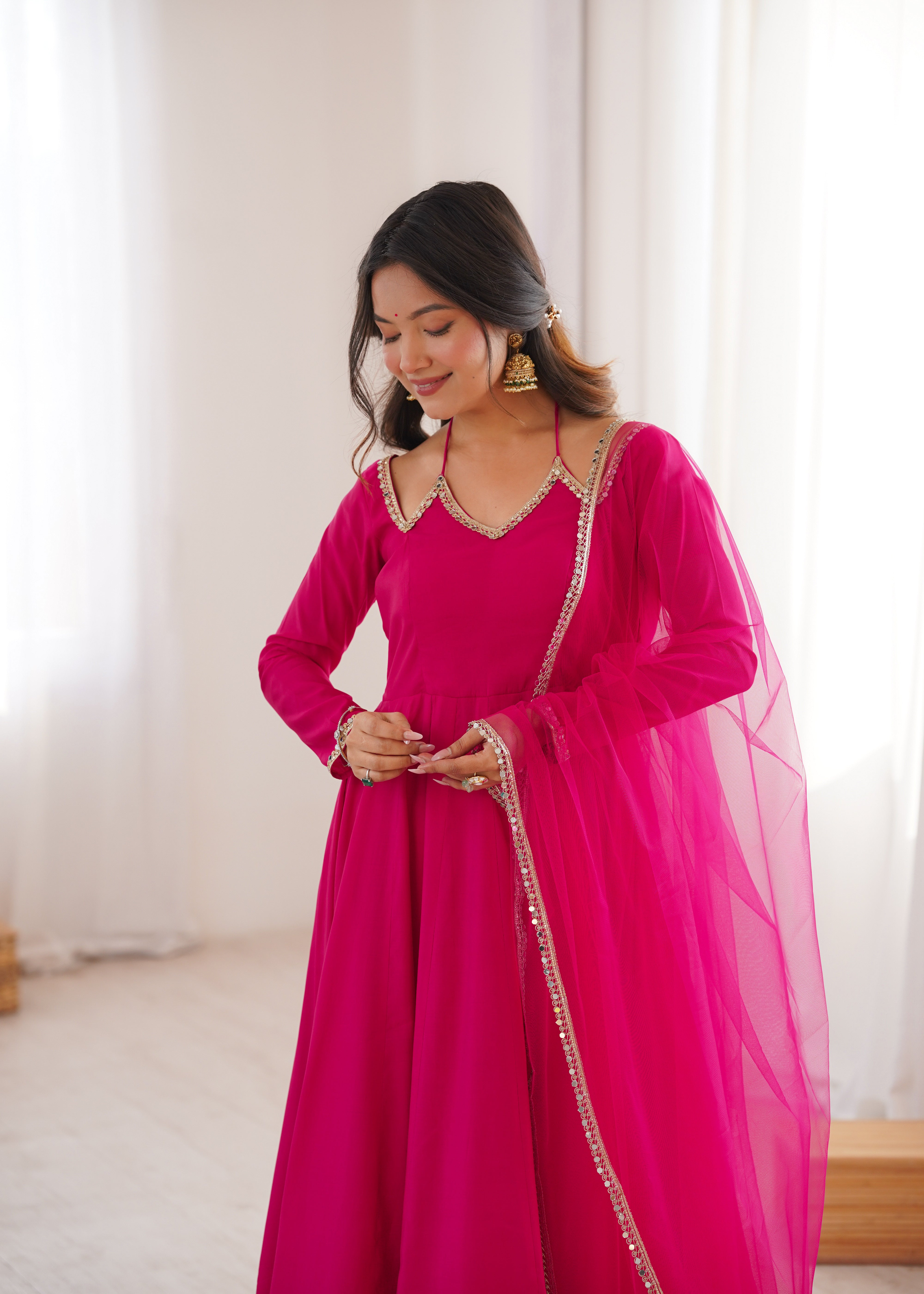 Women's Roman Silk Chanderi Anarkali Pant Dupatta Set with Mirror Lace Dupatta  Product Description: