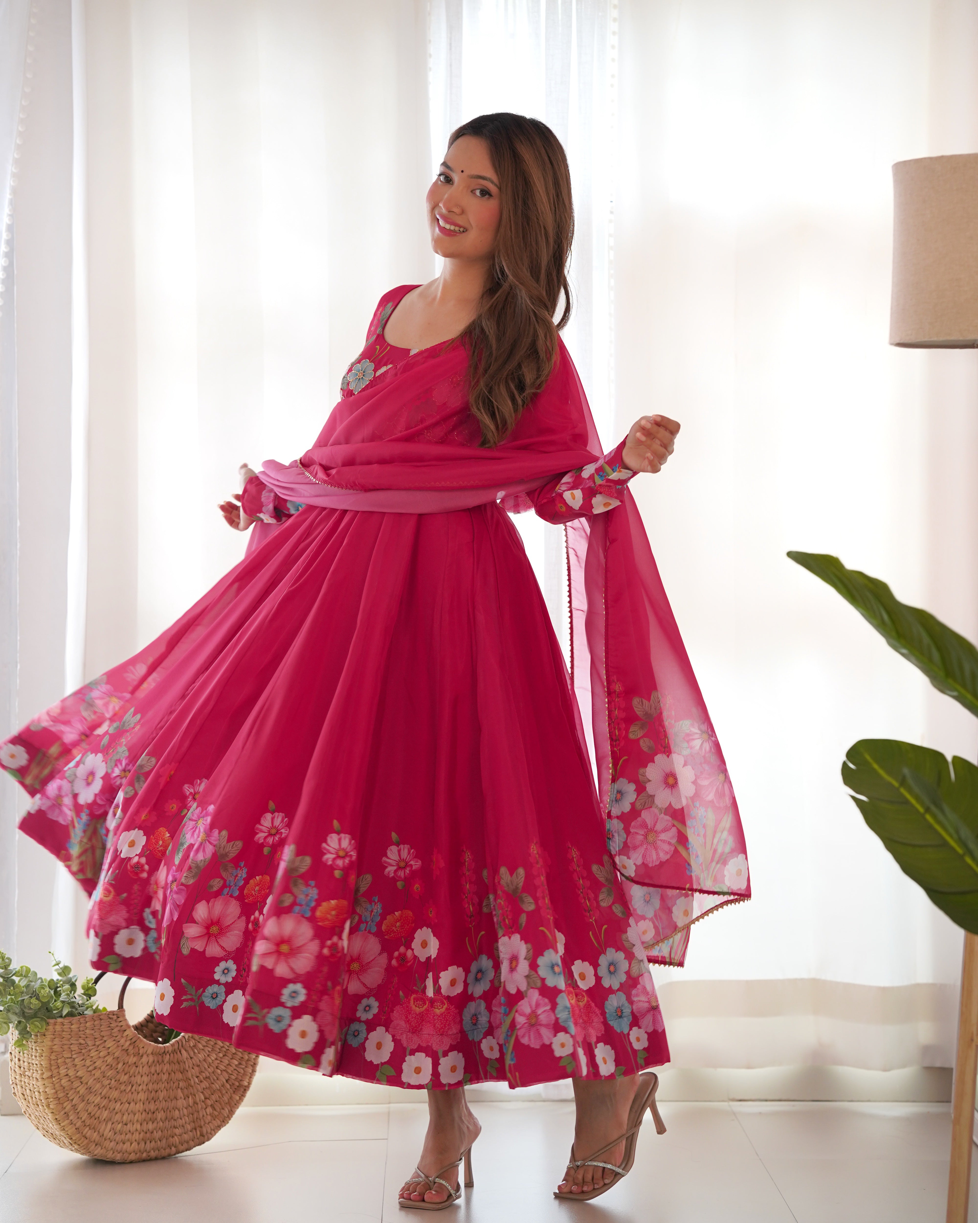 Organza Silk Anarkali Suit Set with Badla Jari Work and Dupatta