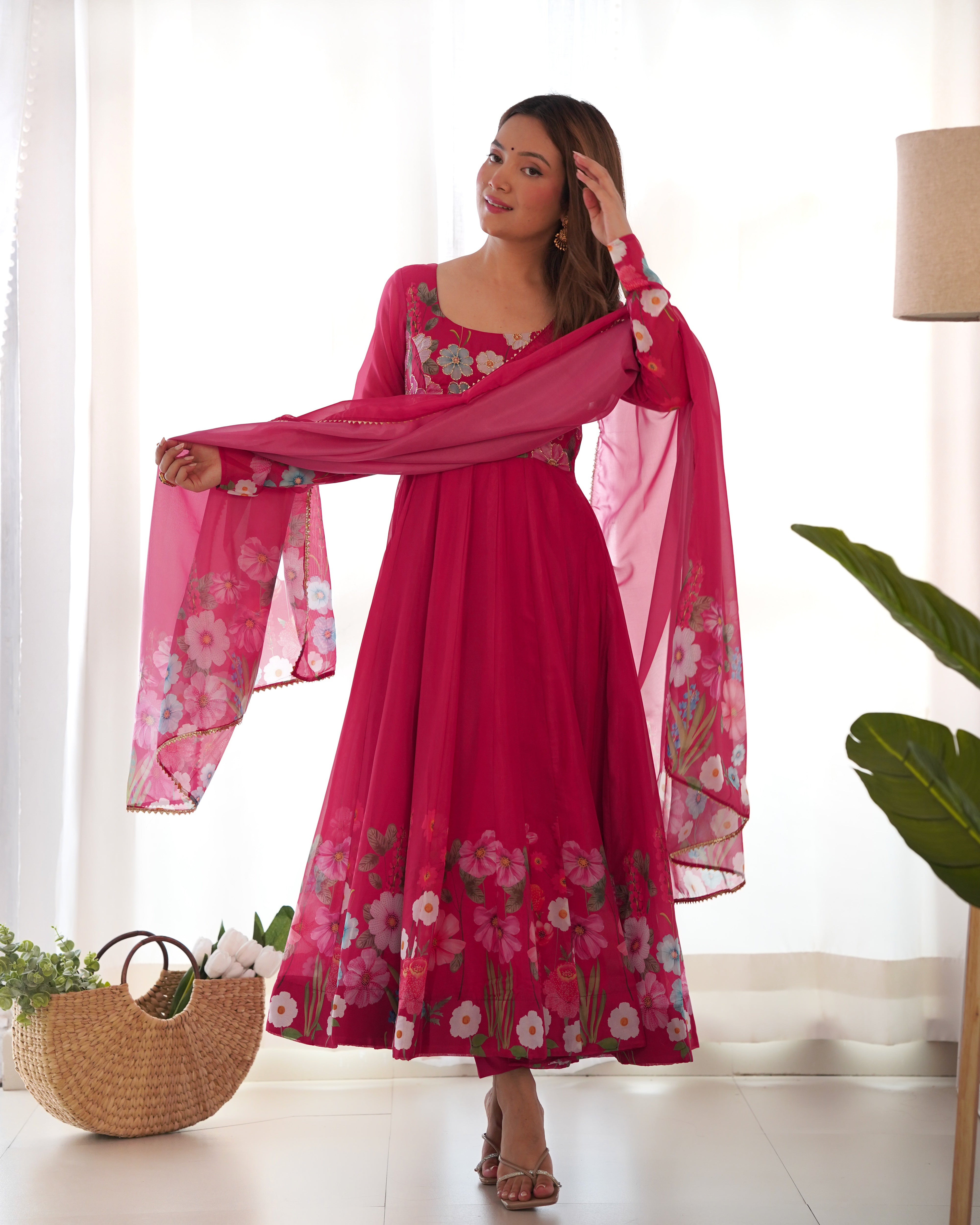 Organza Silk Anarkali Suit Set with Badla Jari Work and Dupatta