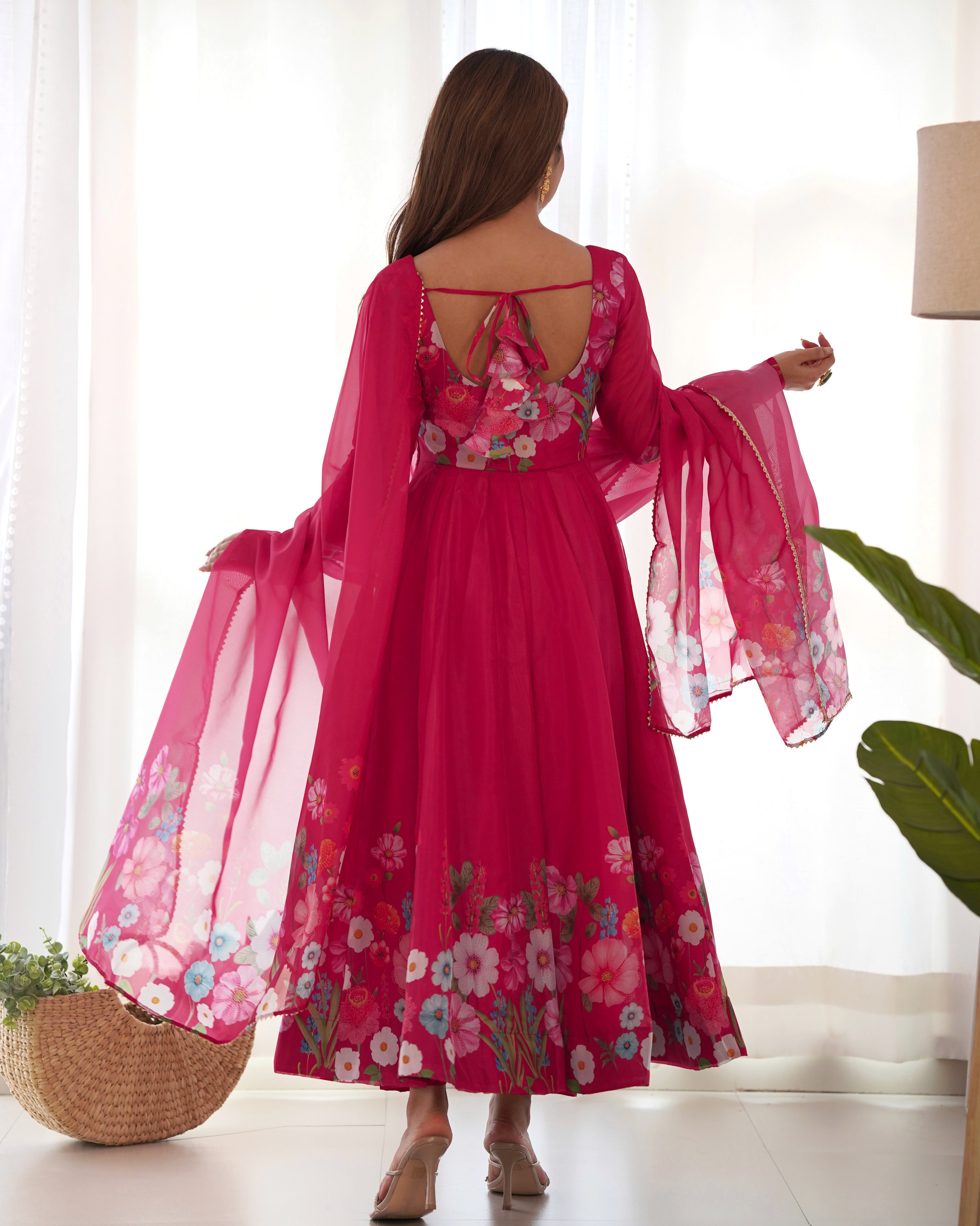 Organza Silk Anarkali Suit Set with Badla Jari Work and Dupatta