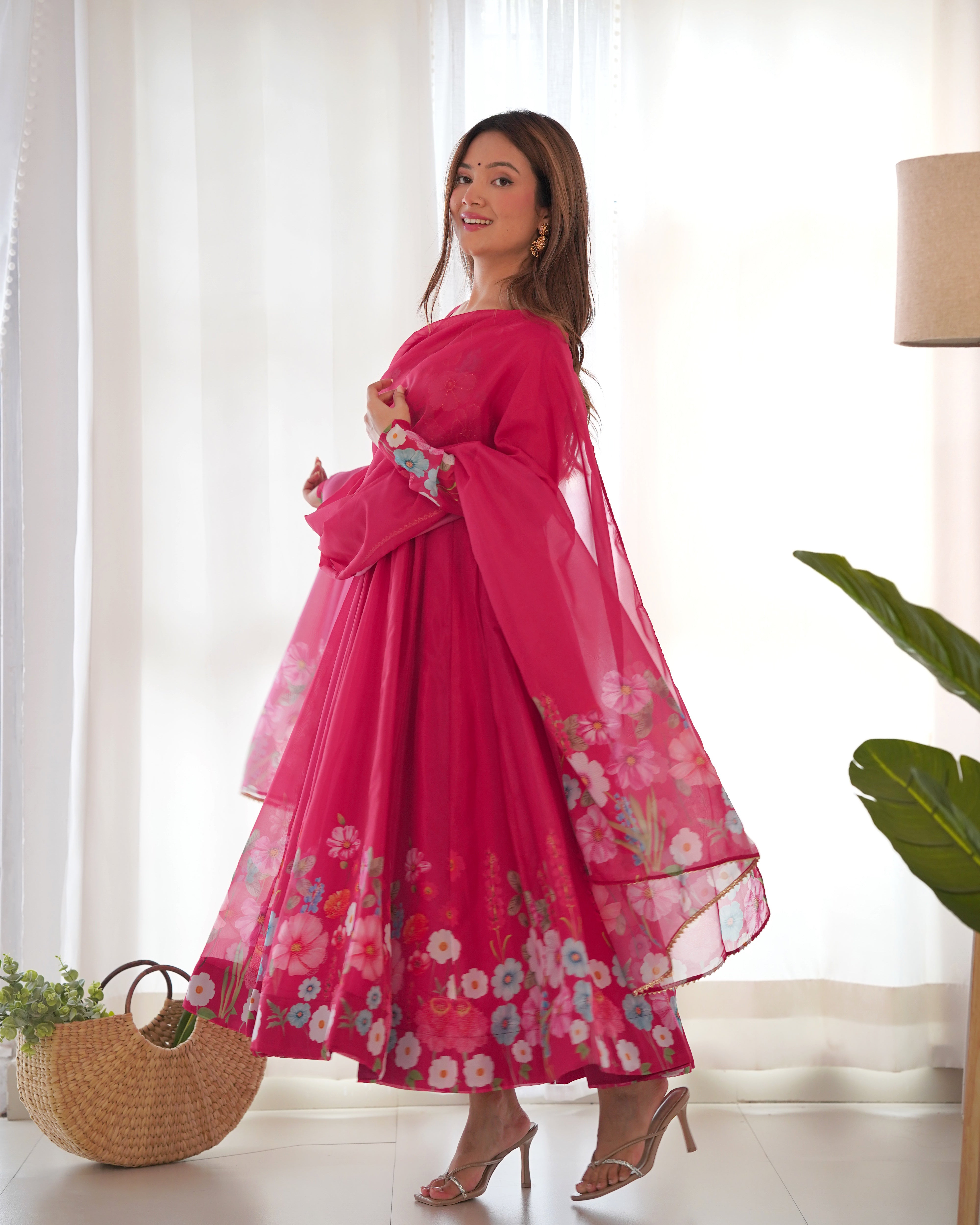 Organza Silk Anarkali Suit Set with Badla Jari Work and Dupatta
