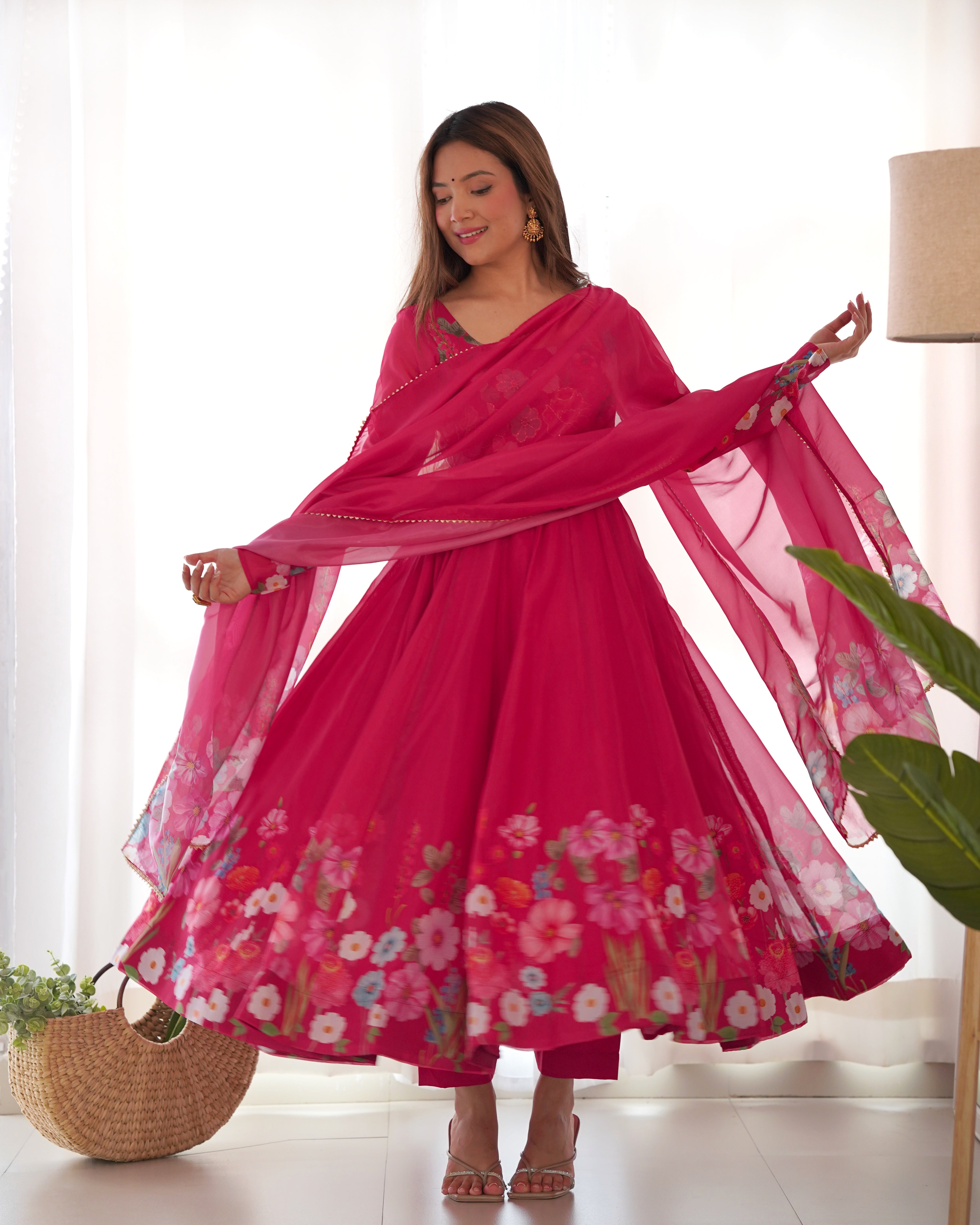 Organza Silk Anarkali Suit Set with Badla Jari Work and Dupatta