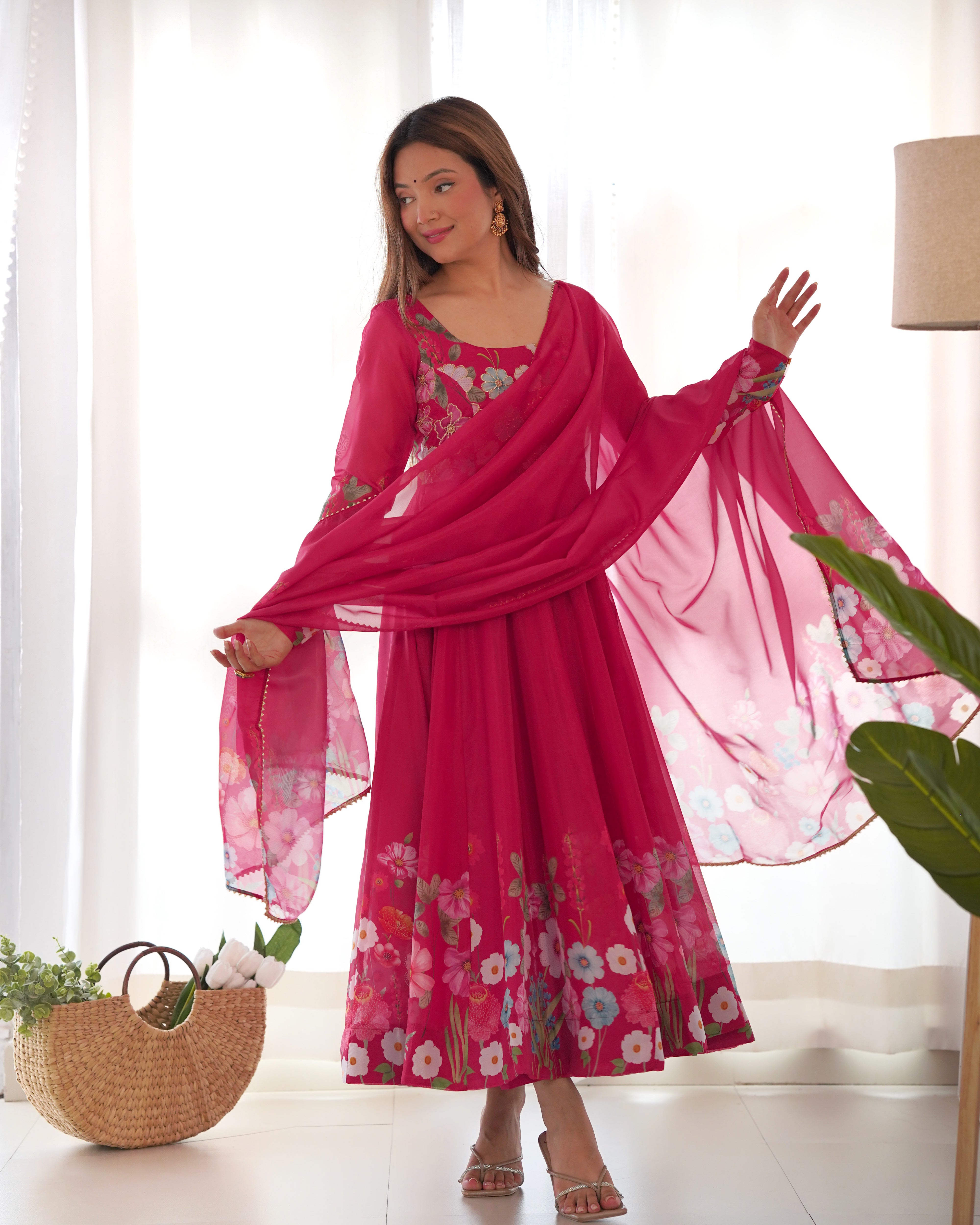 Organza Silk Anarkali Suit Set with Badla Jari Work and Dupatta