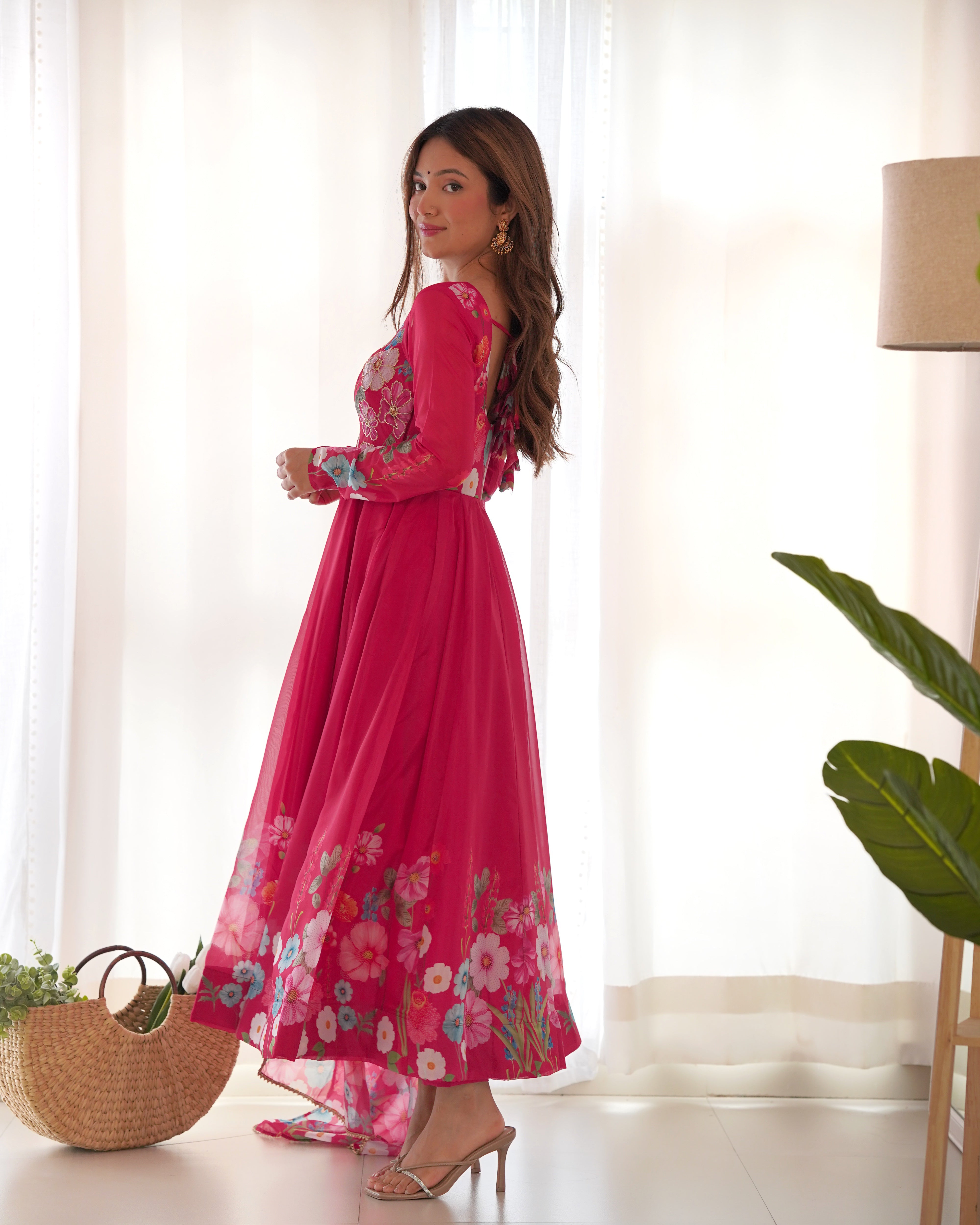 Organza Silk Anarkali Suit Set with Badla Jari Work and Dupatta