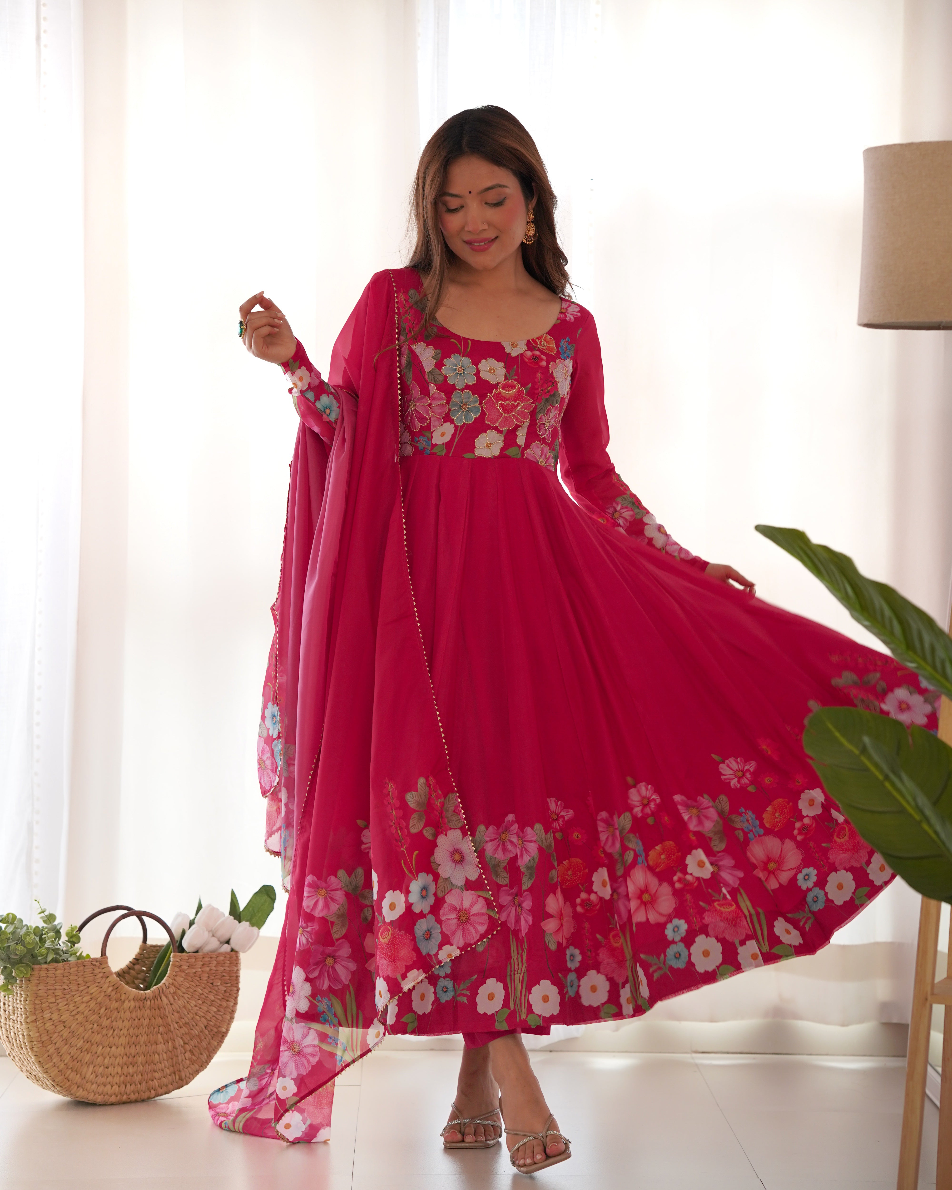 Organza Silk Anarkali Suit Set with Badla Jari Work and Dupatta