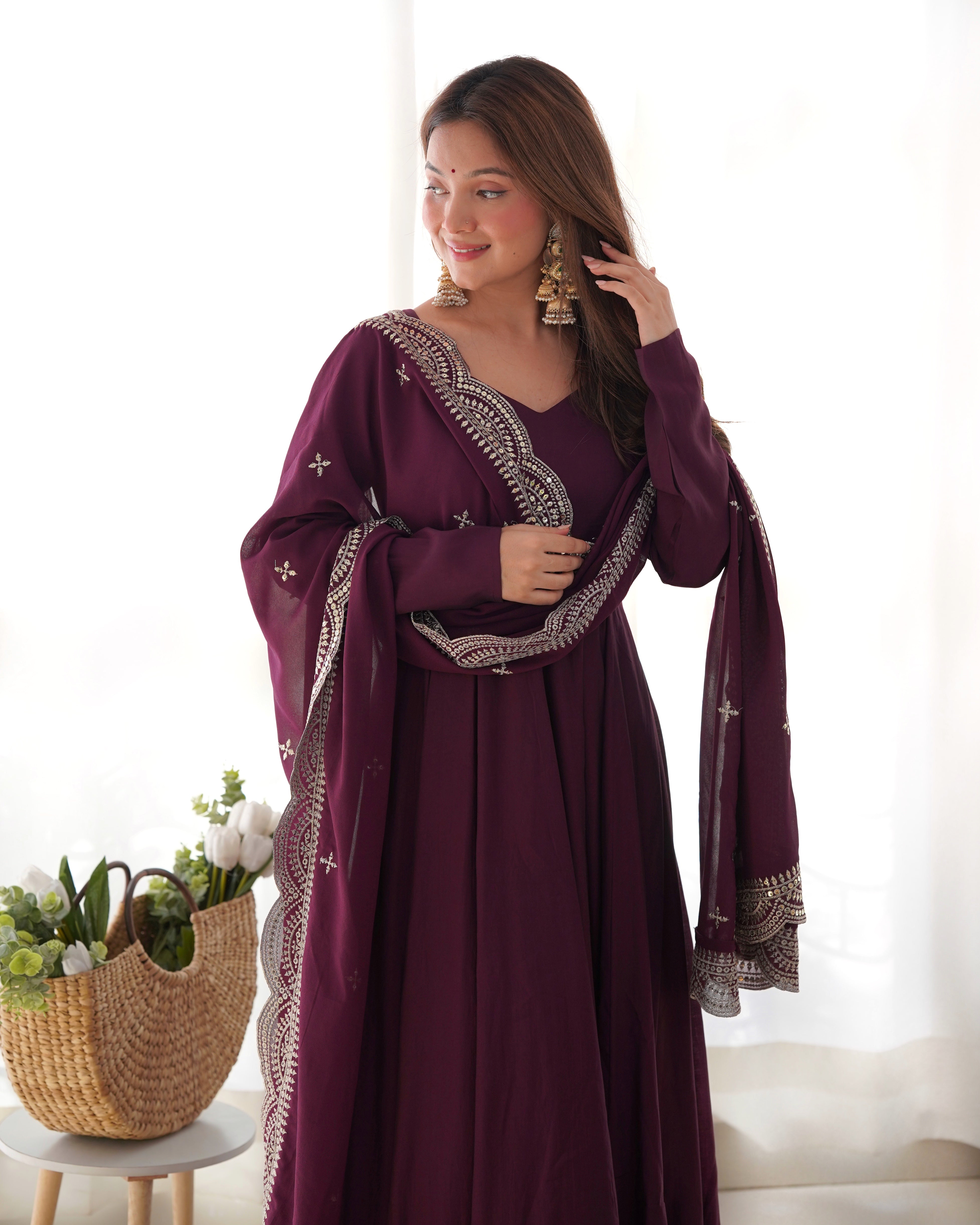 Roman Silk Chanderi Flared Anarkali Suit Set with Dupatta and Pant