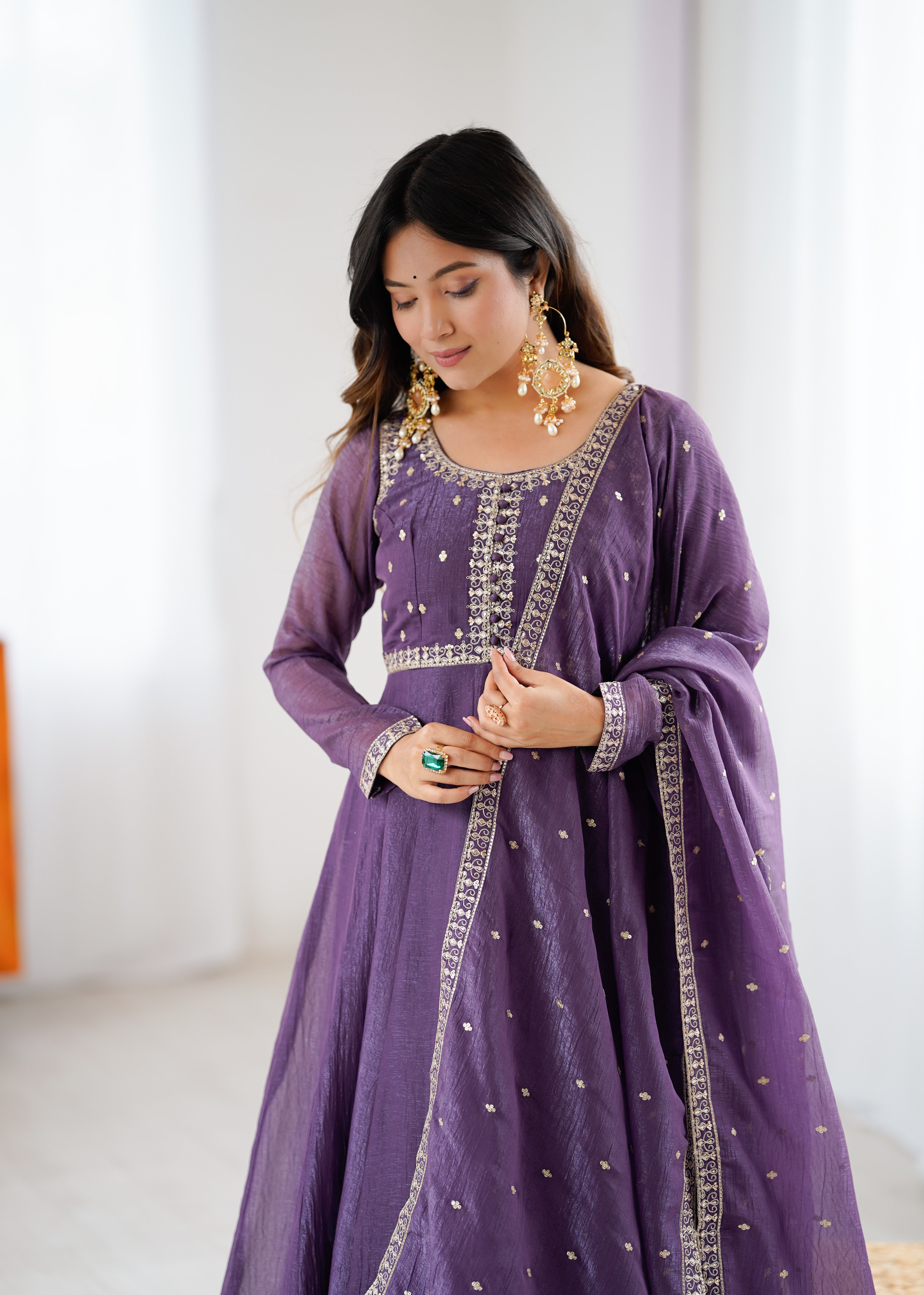 Premium Crunchy Silk Fully Flared Anarkali Gown Set with Embroidered Dupatta and Pant