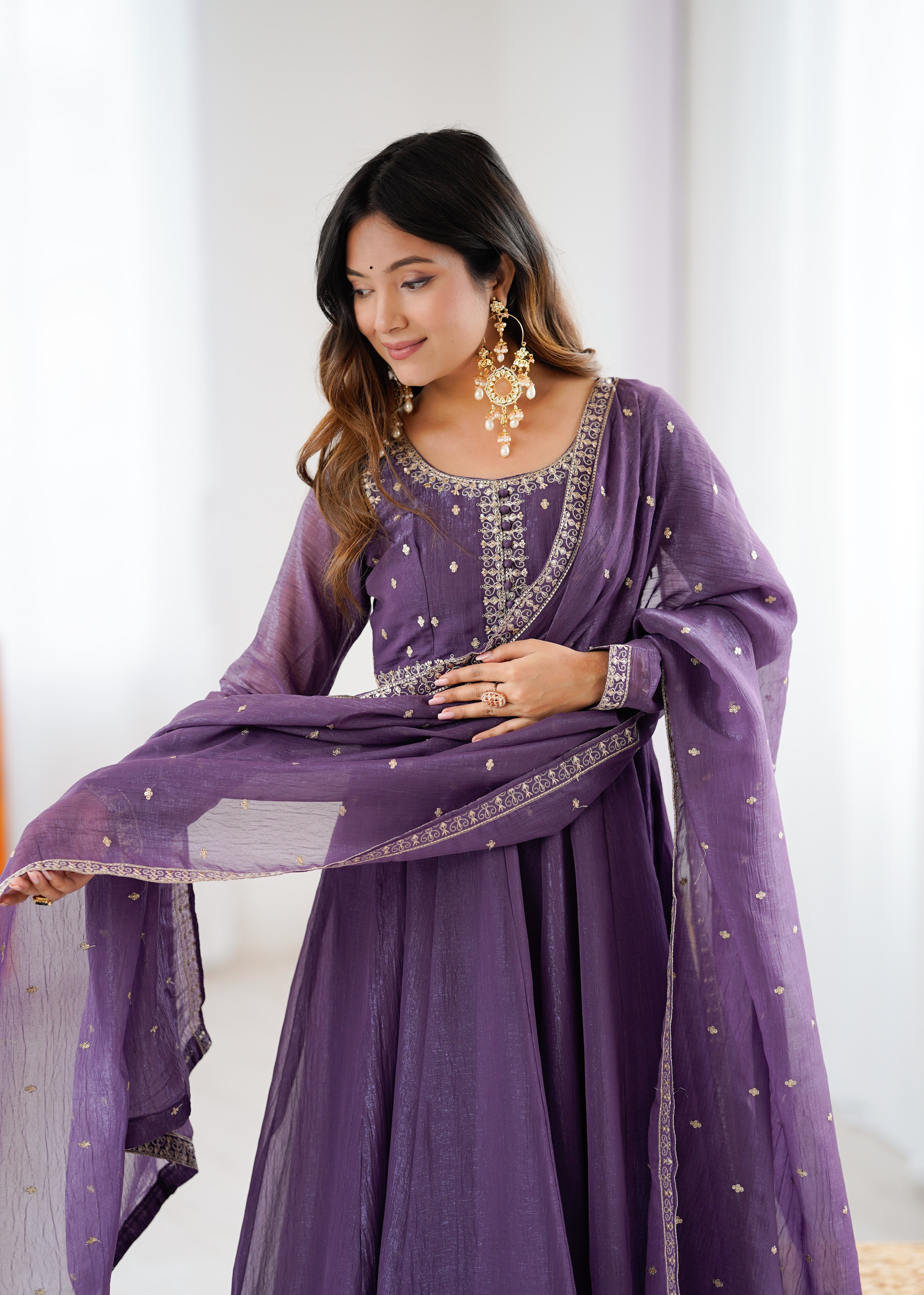 Premium Crunchy Silk Fully Flared Anarkali Gown Set with Embroidered Dupatta and Pant