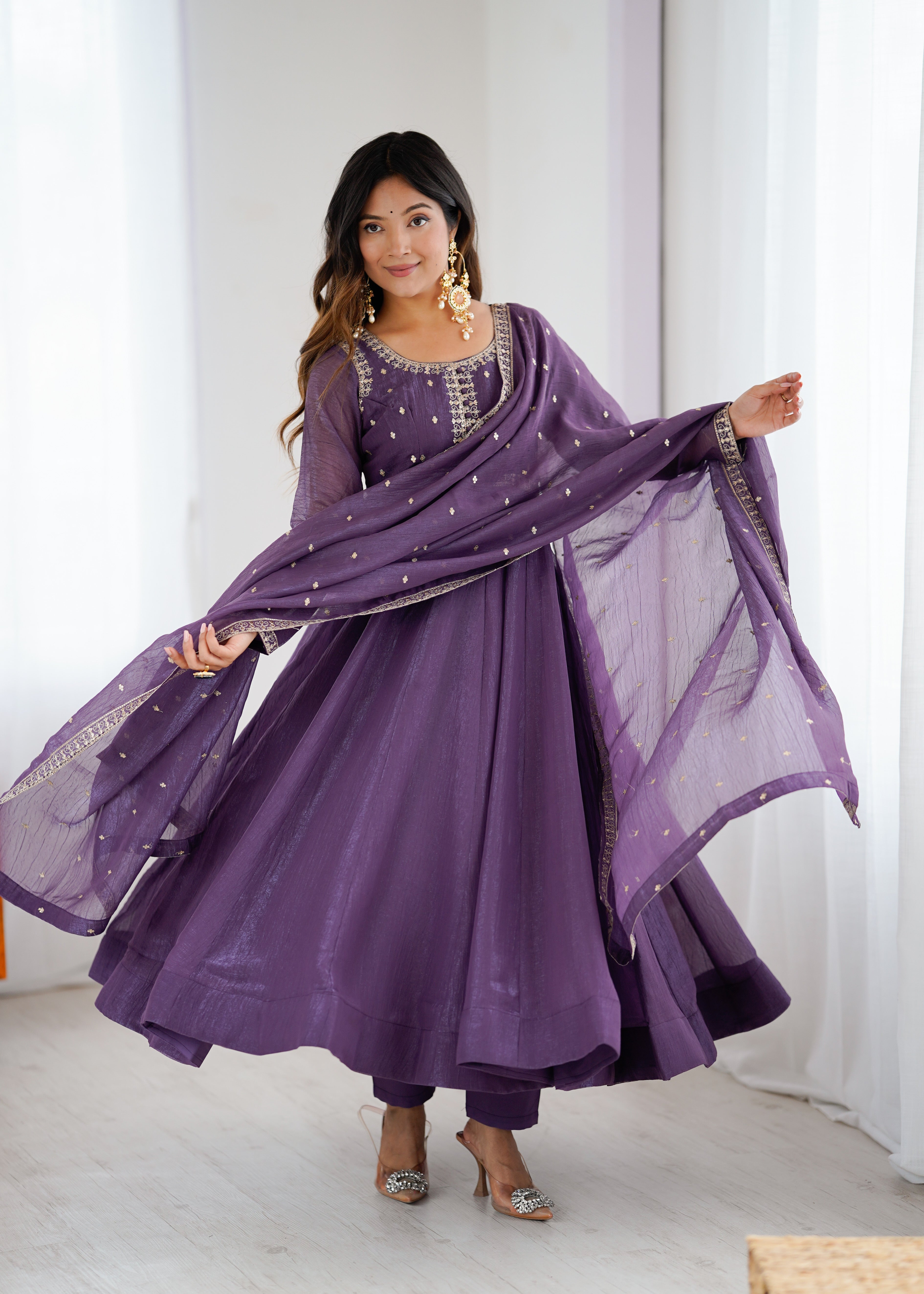 Premium Crunchy Silk Fully Flared Anarkali Gown Set with Embroidered Dupatta and Pant
