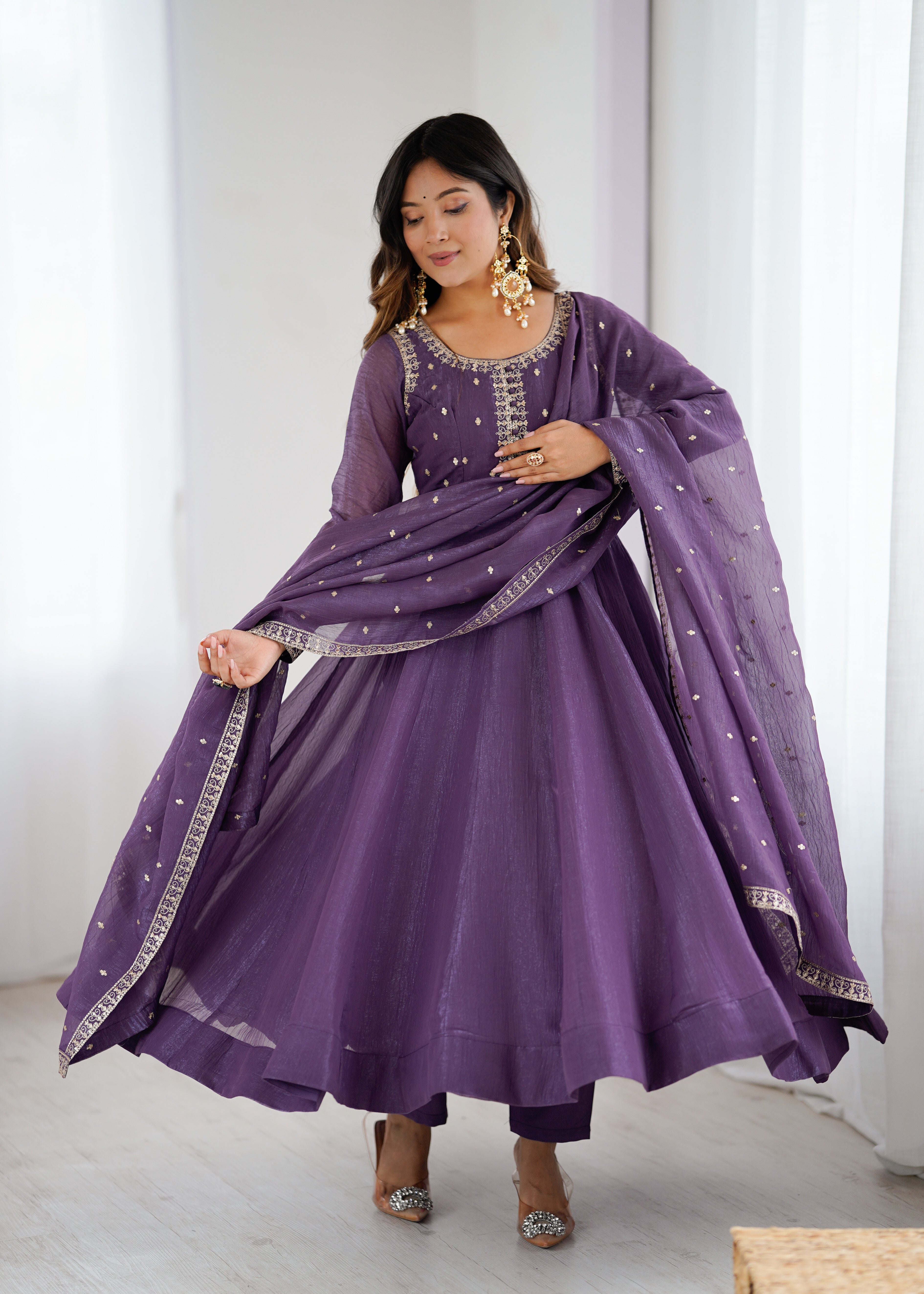 Premium Crunchy Silk Fully Flared Anarkali Gown Set with Embroidered Dupatta and Pant