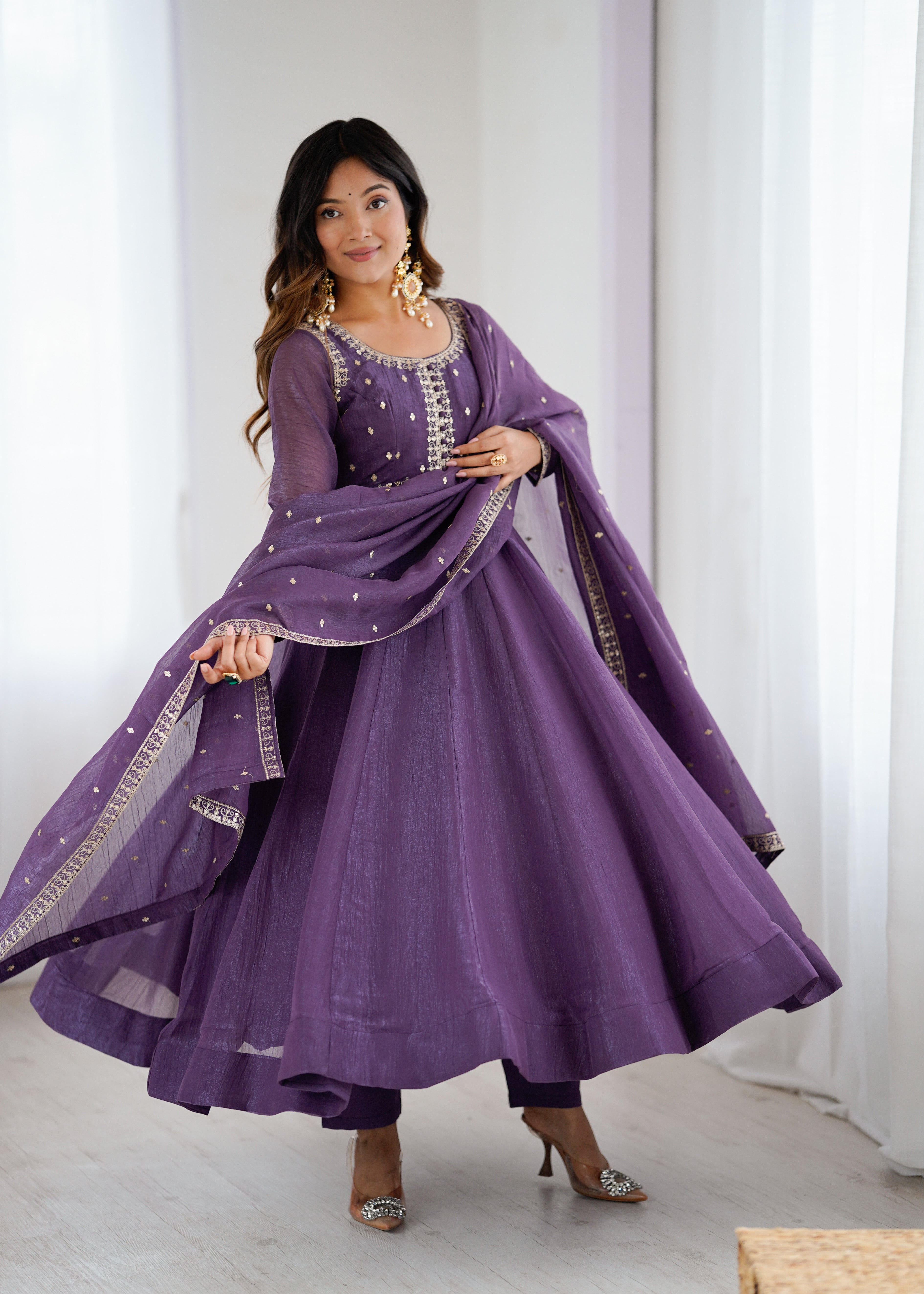 Premium Crunchy Silk Fully Flared Anarkali Gown Set with Embroidered Dupatta and Pant