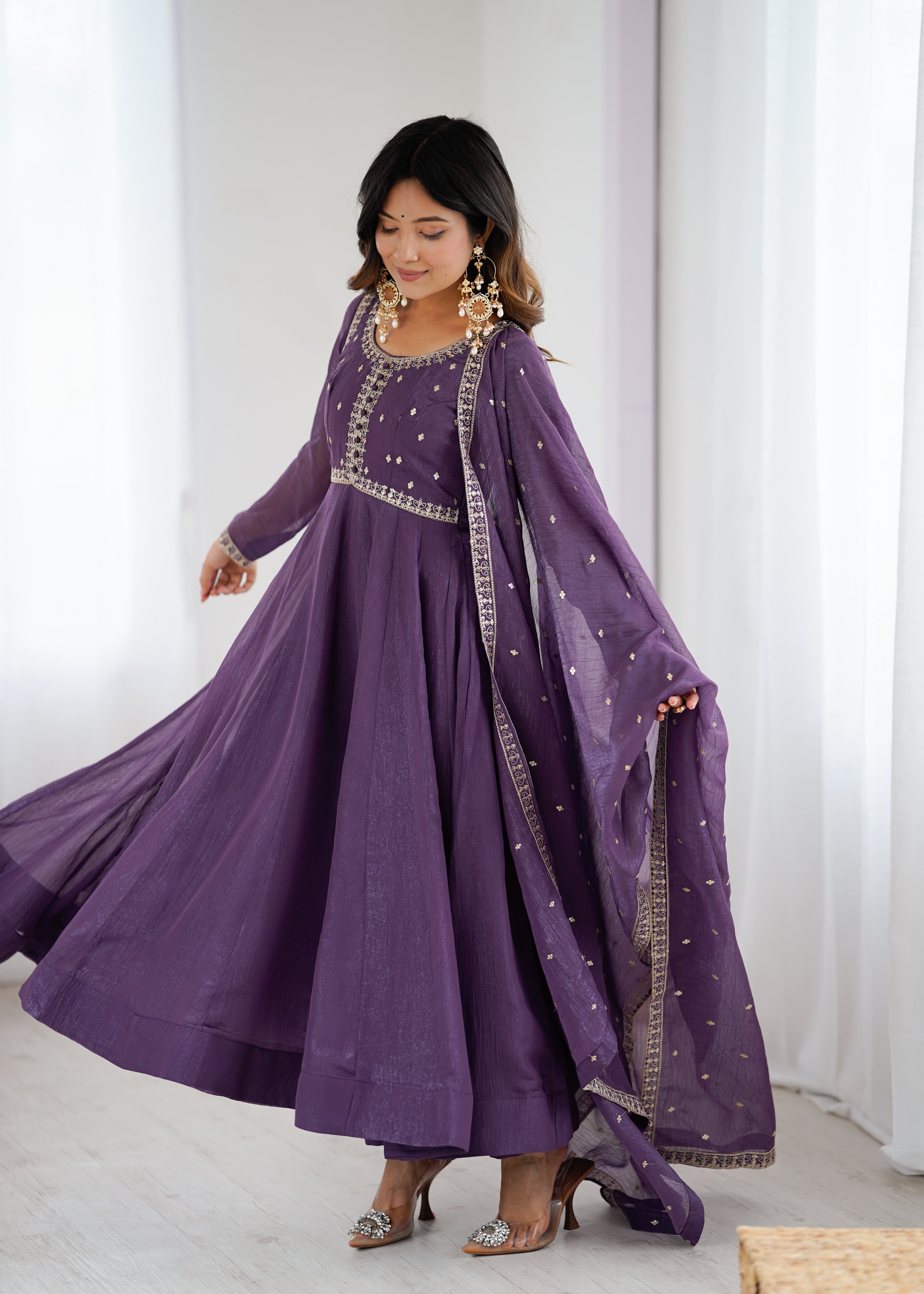 Premium Crunchy Silk Fully Flared Anarkali Gown Set with Embroidered Dupatta and Pant