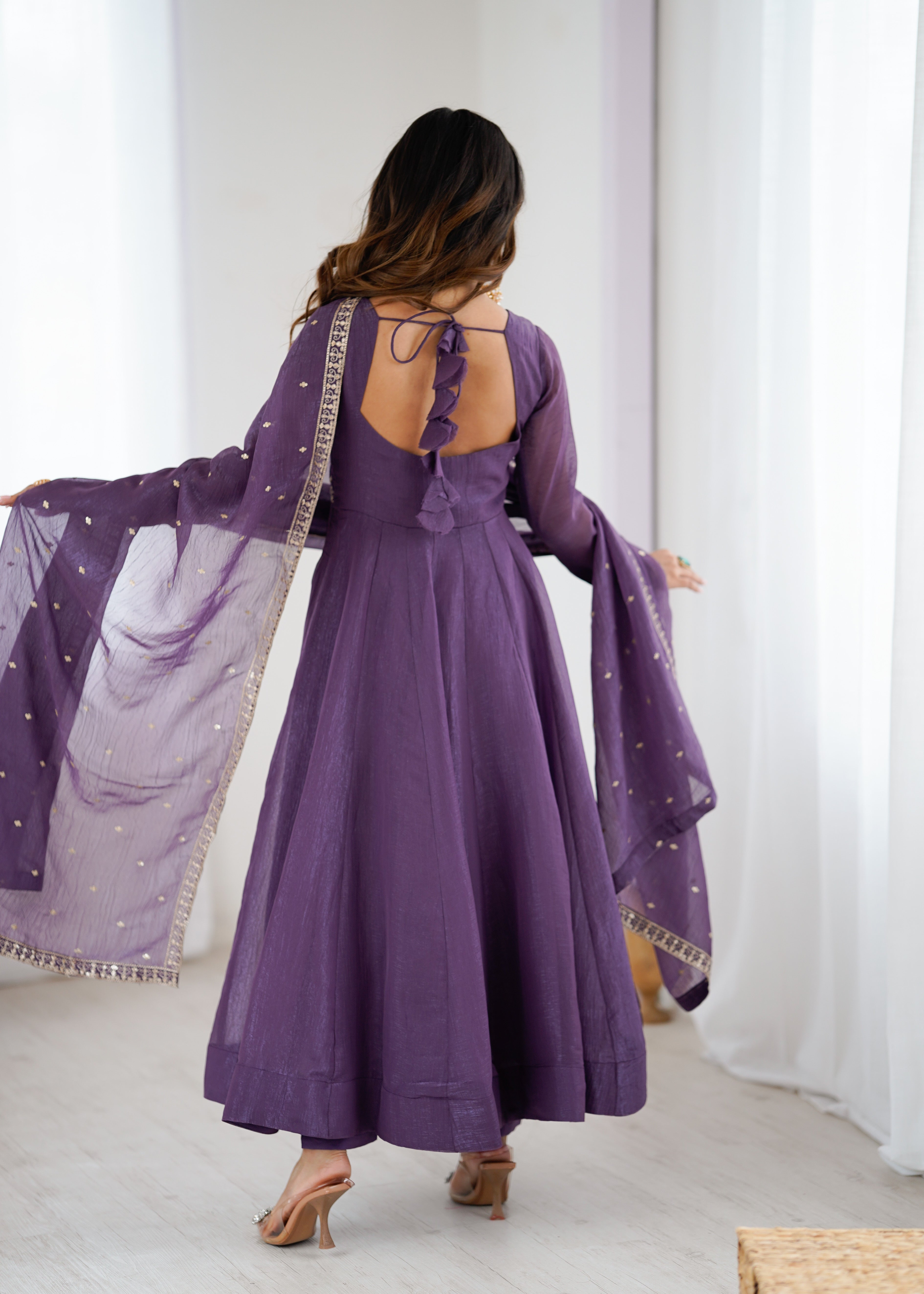 Premium Crunchy Silk Fully Flared Anarkali Gown Set with Embroidered Dupatta and Pant