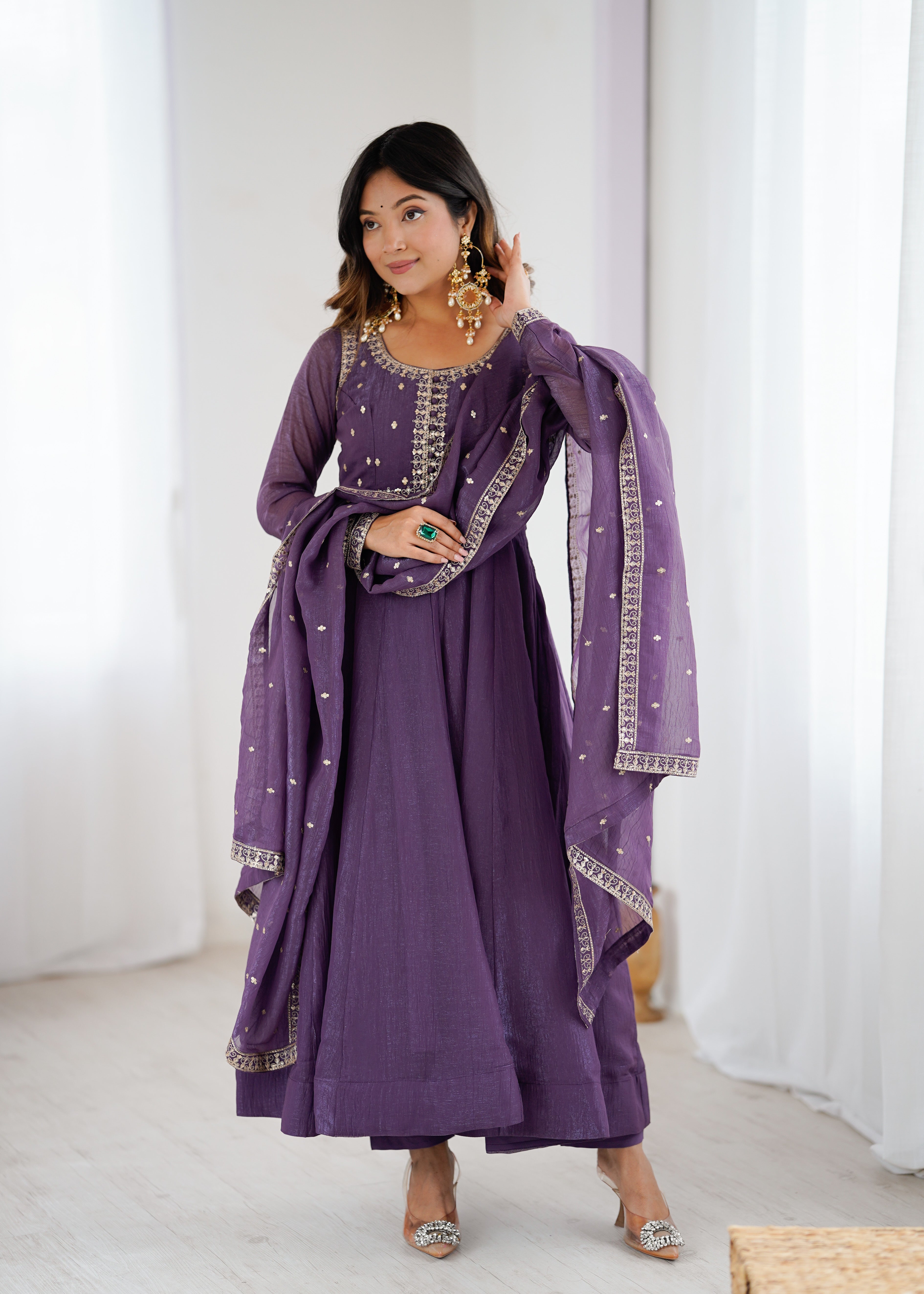 Premium Crunchy Silk Fully Flared Anarkali Gown Set with Embroidered Dupatta and Pant