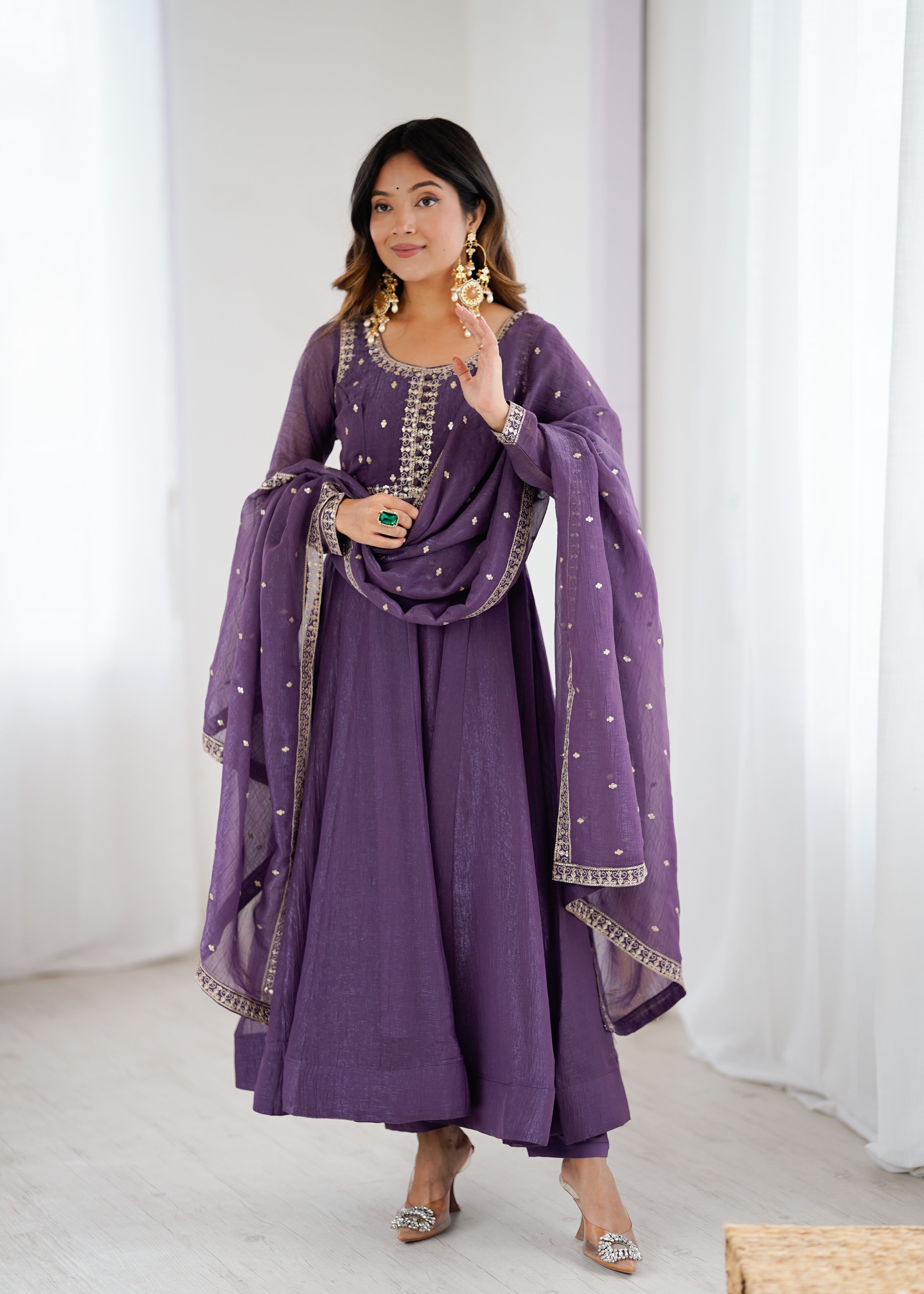 Premium Crunchy Silk Fully Flared Anarkali Gown Set with Embroidered Dupatta and Pant